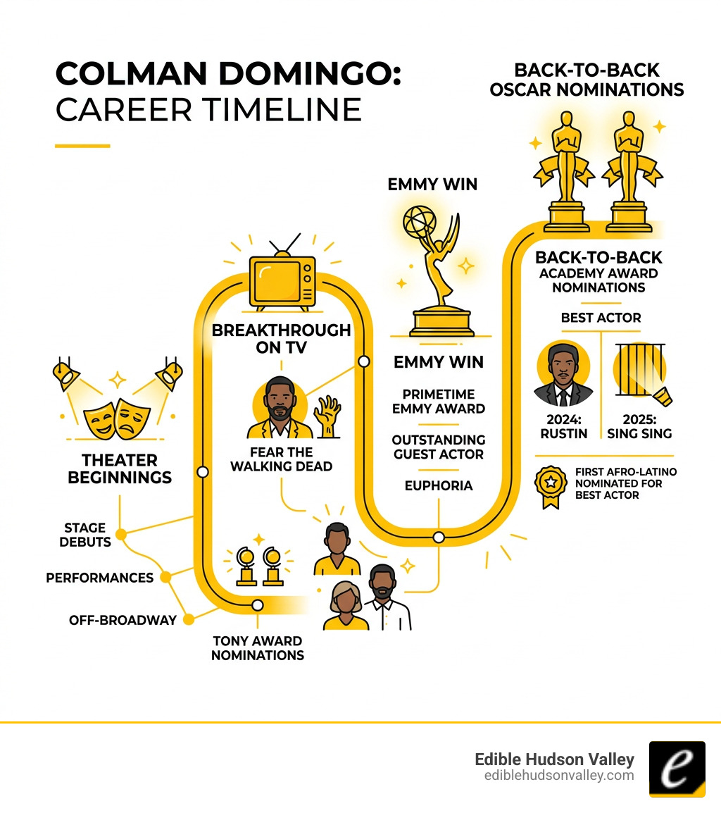Colman Domingo career timeline infographic: theater beginnings to Emmy win to back-to-back Oscar noms - colman domingo