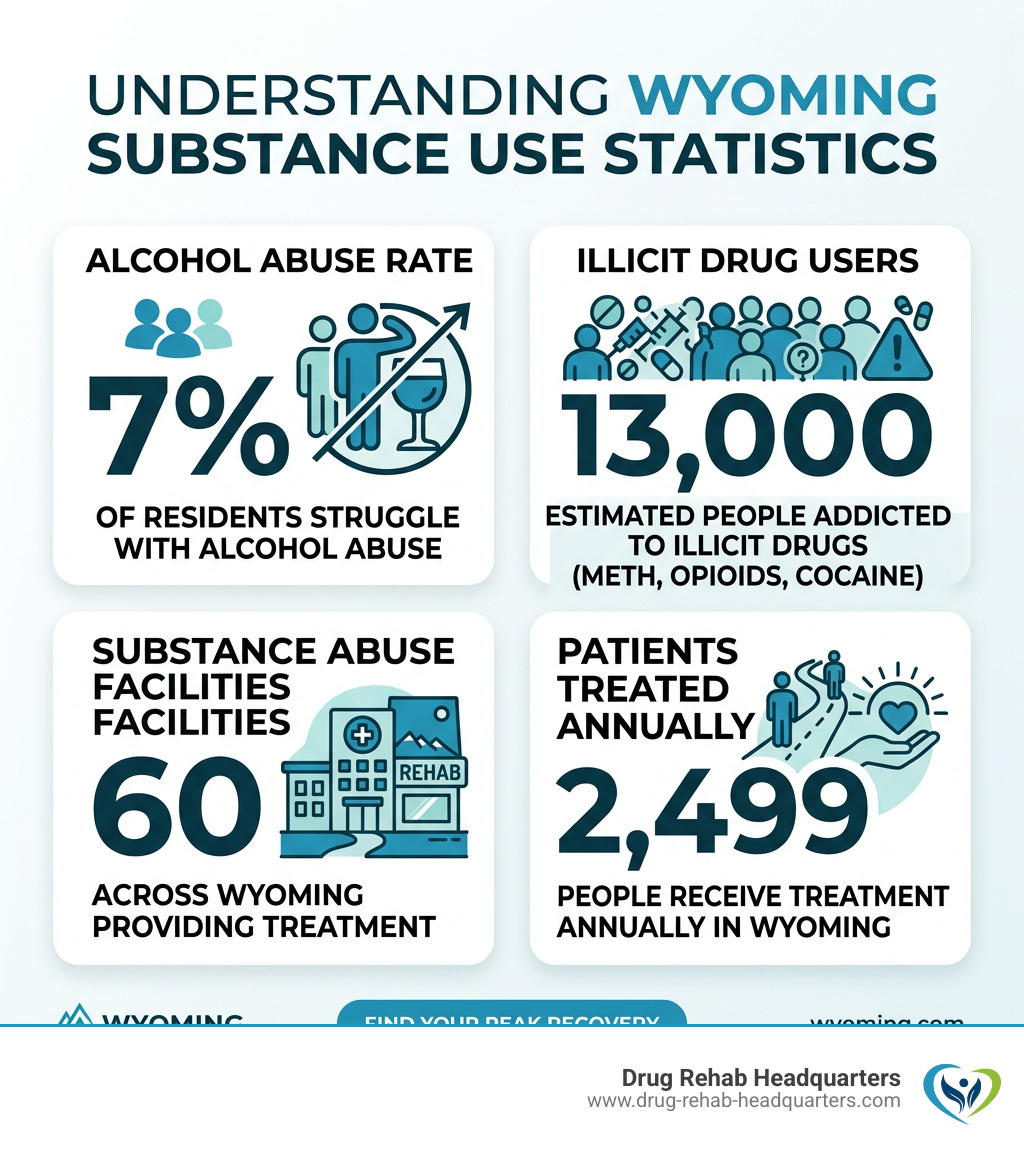 Infographic showing Wyoming substance use statistics including 7% alcohol abuse rate, 13,000 illicit drug users, 60