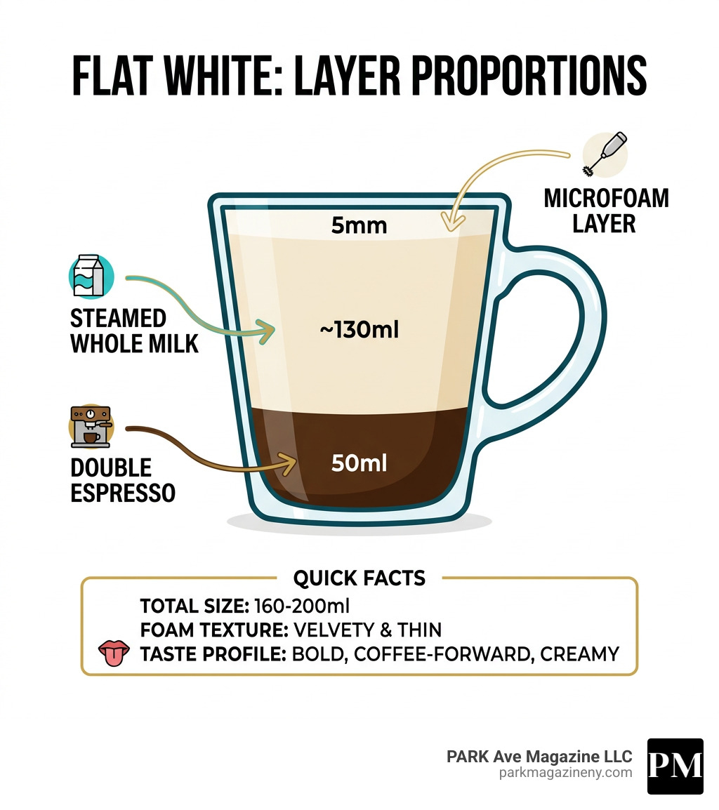 Flat white layers diagram showing espresso, steamed milk, and microfoam proportions - flat white infographic Flat white layers diagram showing espresso, steamed milk, and microfoam proportions - flat white infographic