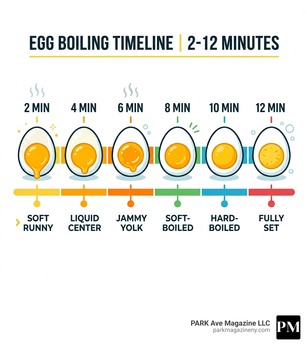 Egg boiling timeline infographic from 2 to 12 minutes showing yolk doneness at each stage - how long to boil eggs Egg boiling timeline infographic from 2 to 12 minutes showing yolk doneness at each stage - how long to boil eggs