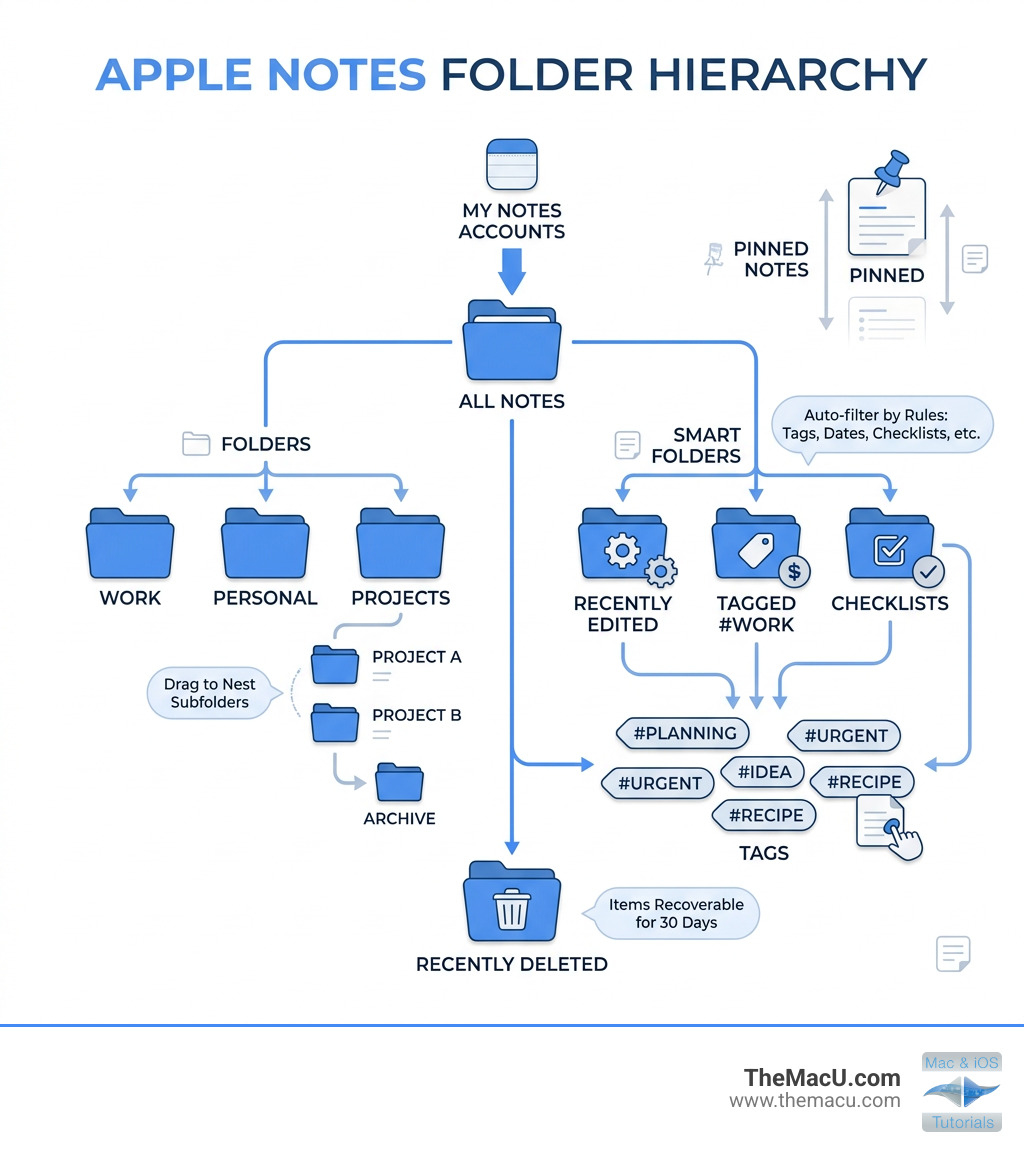 Apple Notes folder hierarchy showing folders, subfolders, Smart Folders, tags, and Recently Deleted - apple notes folders