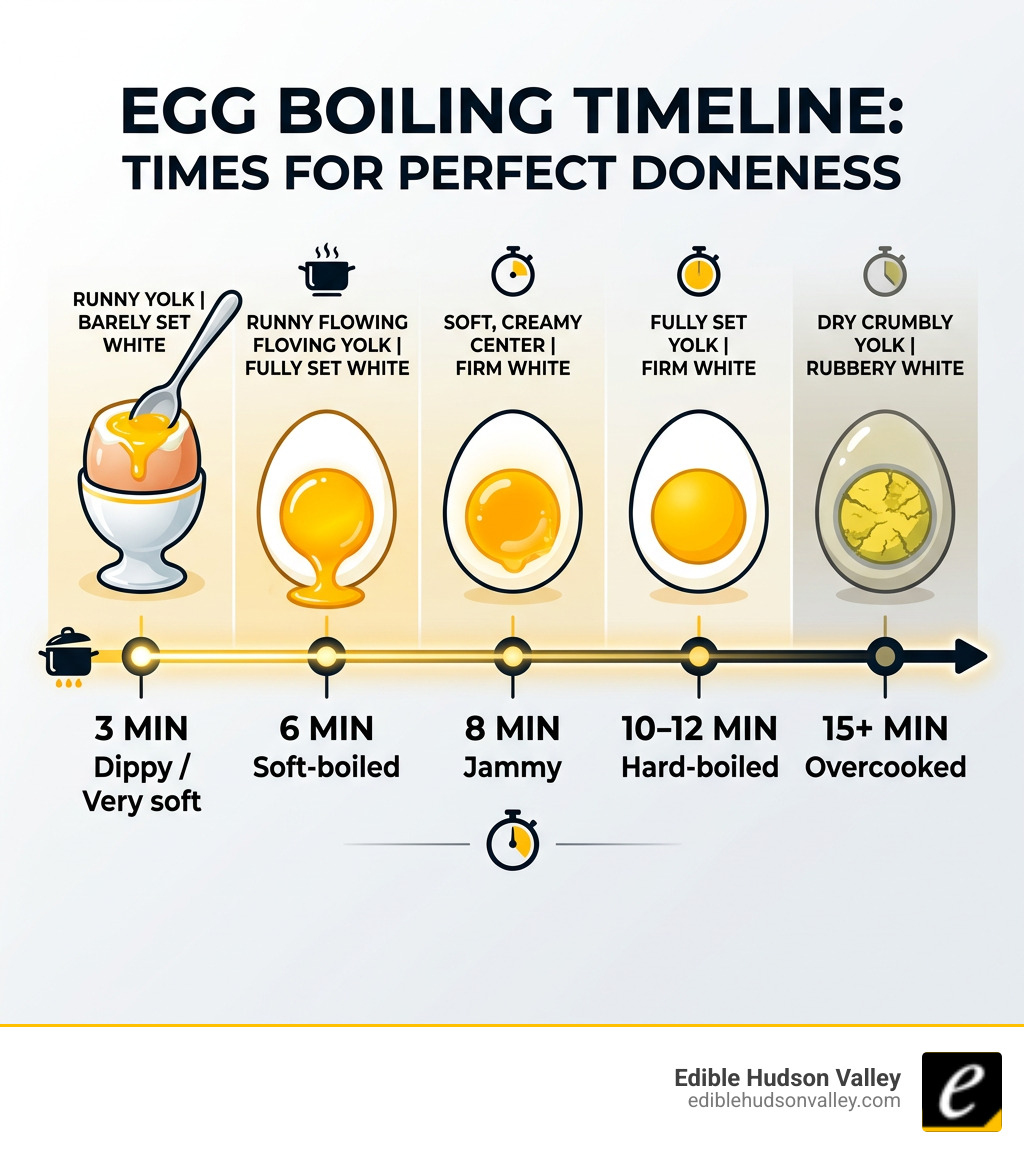 Egg boiling timeline showing doneness stages from runny to fully hard-boiled with times - how long to boil eggs infographic Egg boiling timeline showing doneness stages from runny to fully hard-boiled with times - how long to boil eggs infographic