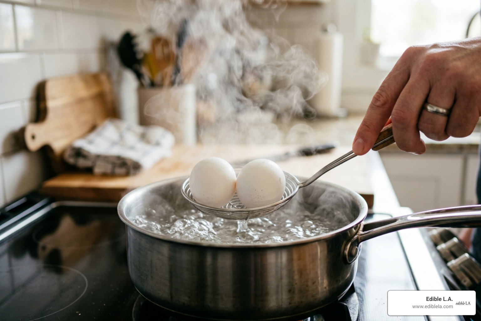 eggs being lowered into a pot with a slotted spoon - how long to boil eggs eggs being lowered into a pot with a slotted spoon - how long to boil eggs