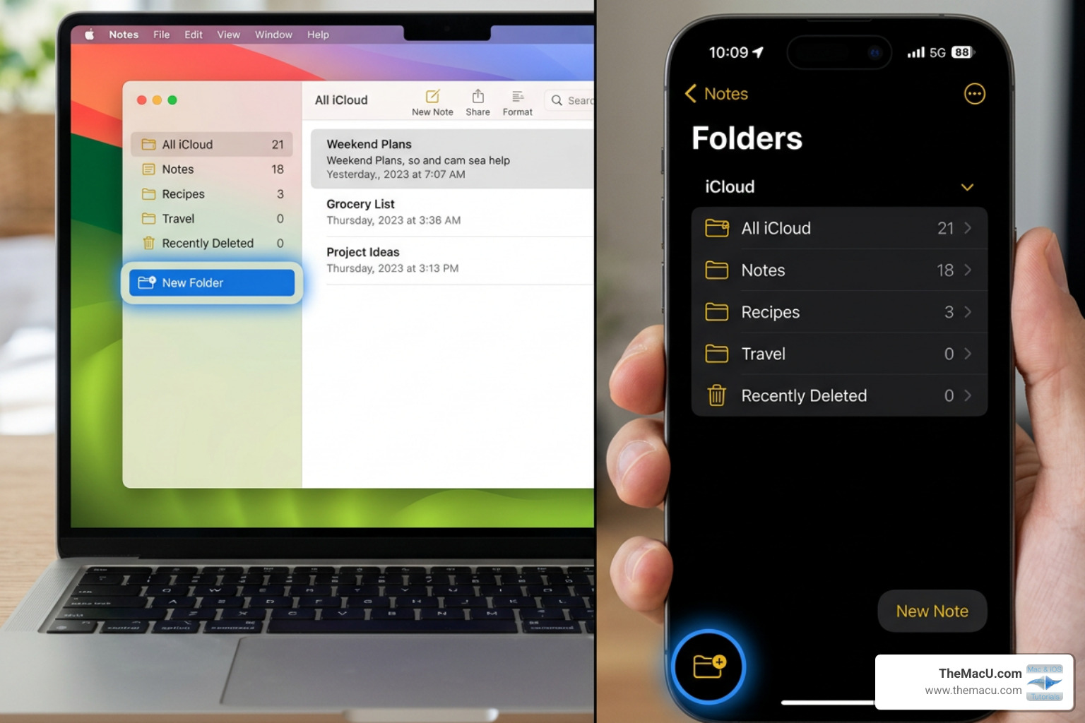 New Folder button highlighted in the Apple Notes sidebar on Mac and iPhone - apple notes folders organize