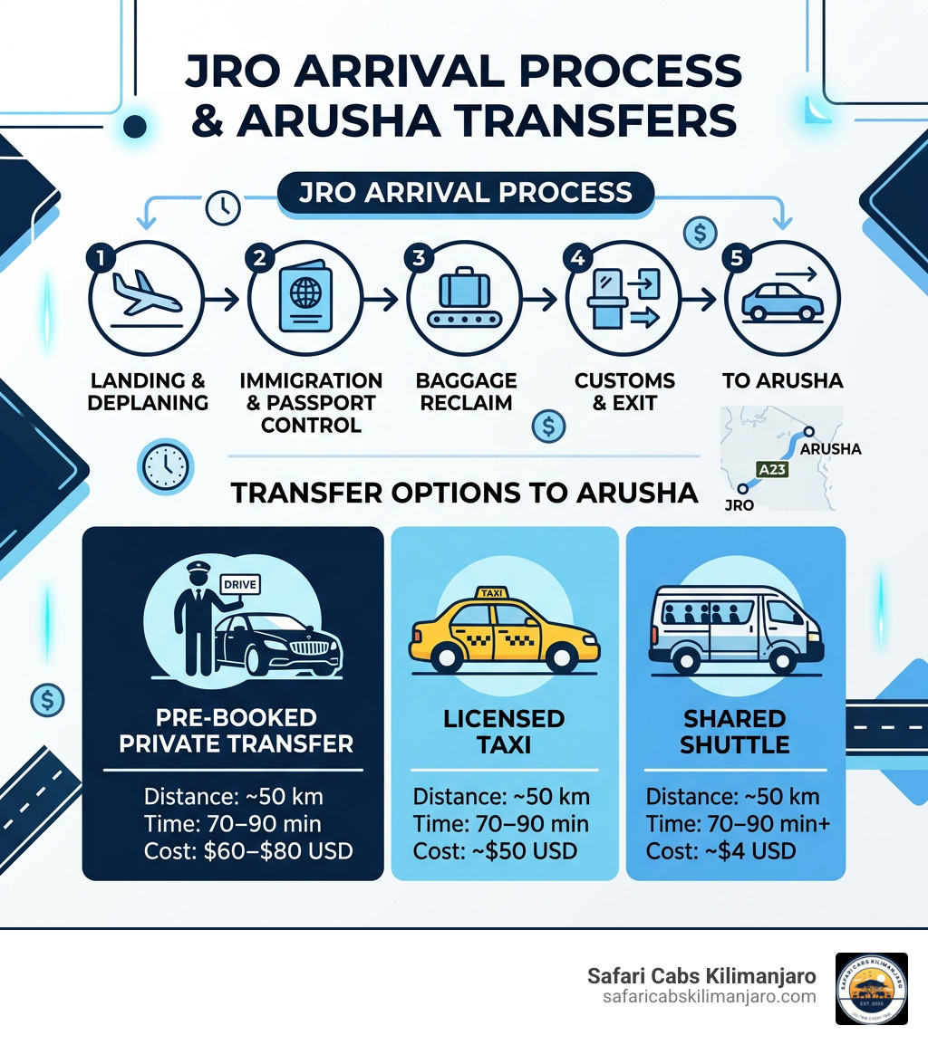 Infographic showing JRO arrival process and transfer options to Arusha with distances, times, and costs - Arusha from JRO