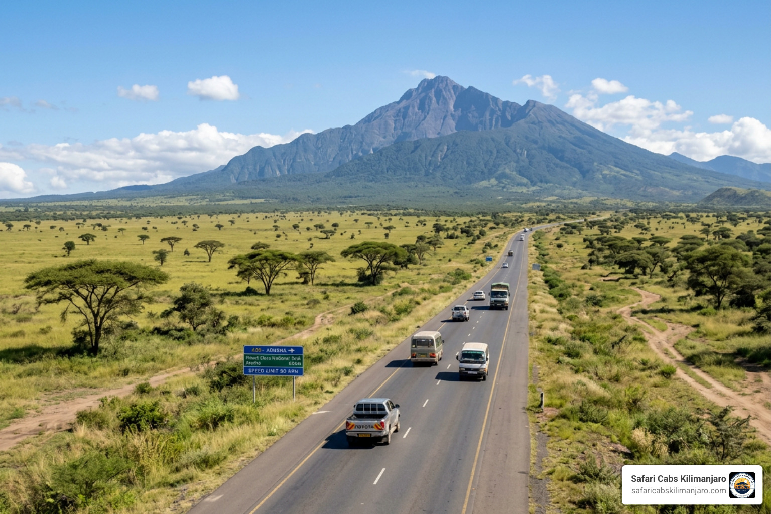 A23 highway stretching toward Arusha with Mount Meru in the distance - Arusha from JRO airport