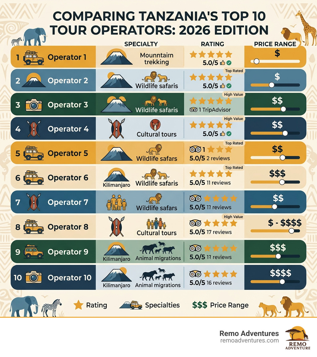 Infographic: Top 10 Tanzania Tour Operators compared by rating, specialty, and price range - Tanzania tour operator