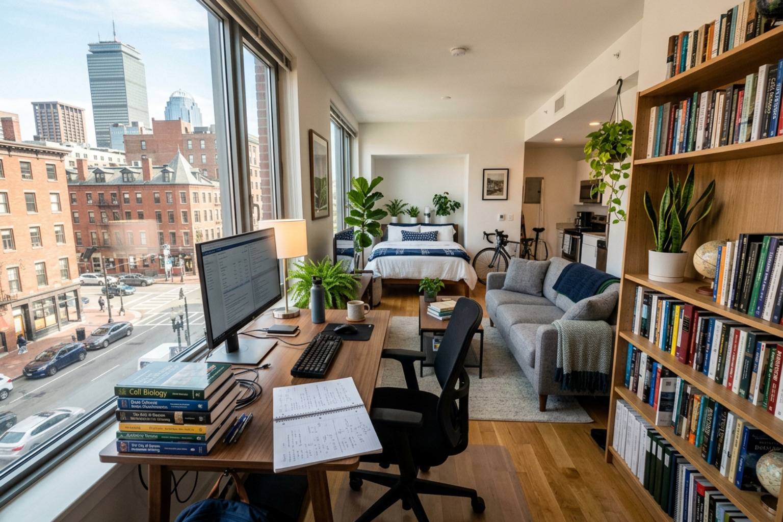 A modern studio apartment featuring a dedicated ergonomic desk area and large windows - temporary housing for Boston