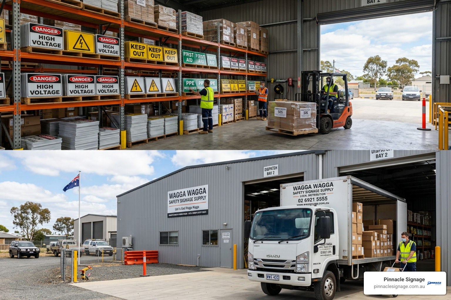 Warehouse environment with signs and a delivery truck - Who are the leading providers of danger high voltage signs in East