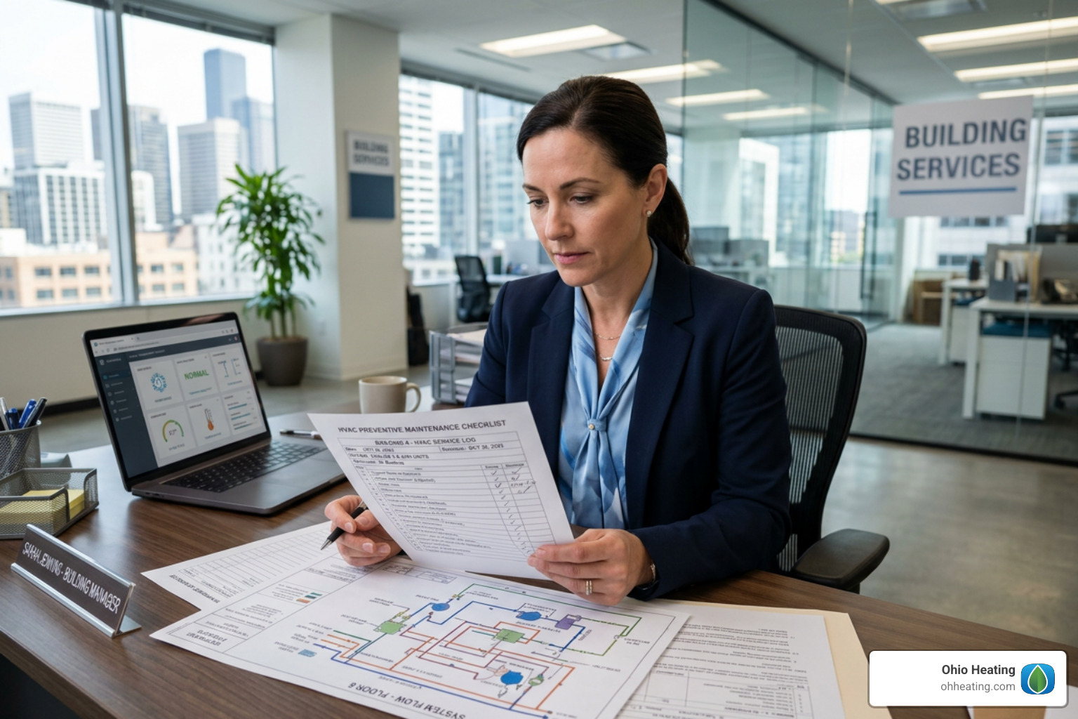 Office building manager reviewing a checklist for HVAC service - My office building's air conditioning system needs service.