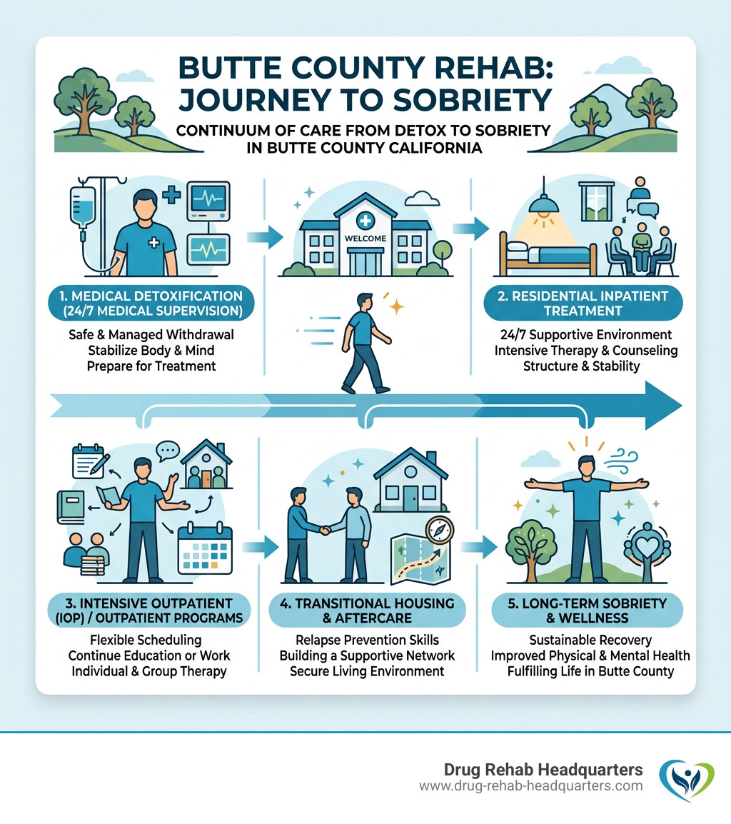 Infographic showing continuum of care from detox to sobriety in Butte County California rehab programs - Drug Rehab Butte