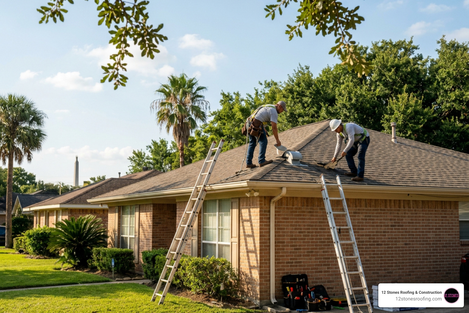 Technician inspecting shingles on a Pasadena home - roof maintenance in pasadena tx