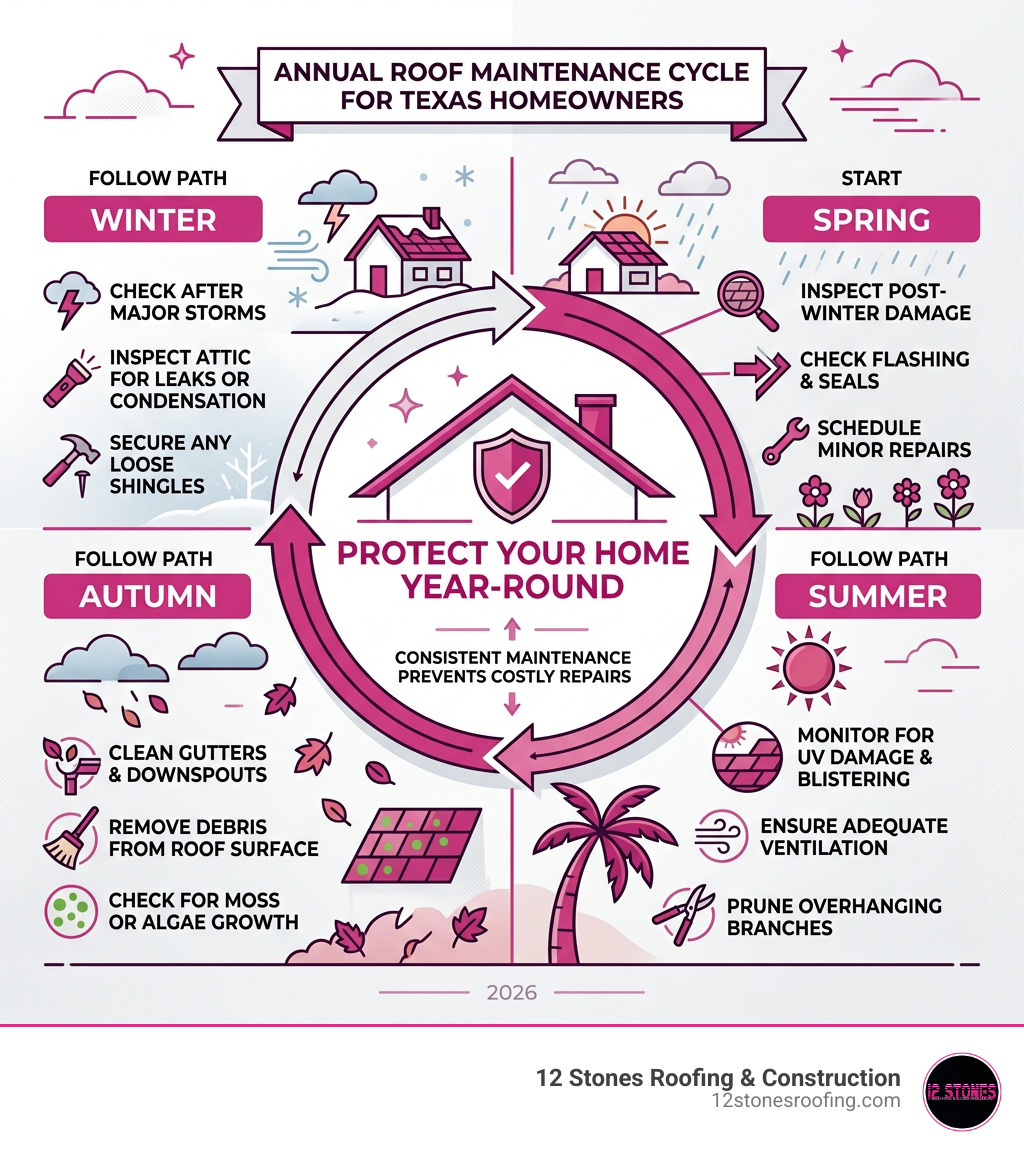 Annual roof maintenance cycle for Texas homeowners infographic - roof maintenance in pasadena tx infographic 