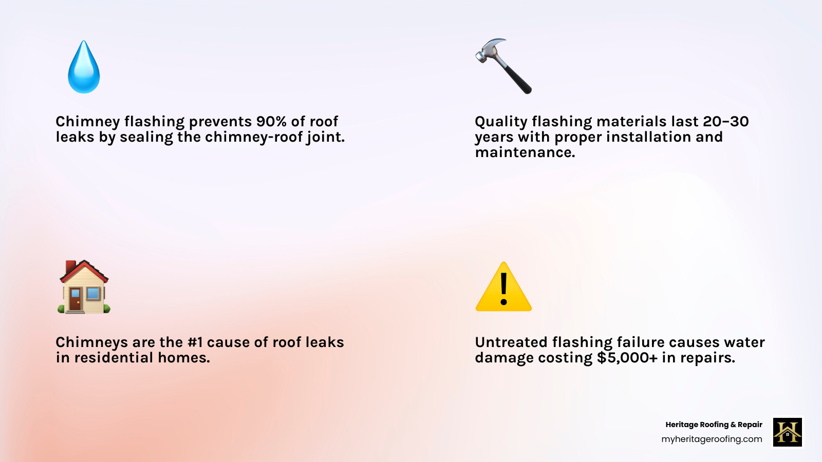 Infographic showing how chimney flashing diverts water away from roof joints, with labels for base, step, and counter