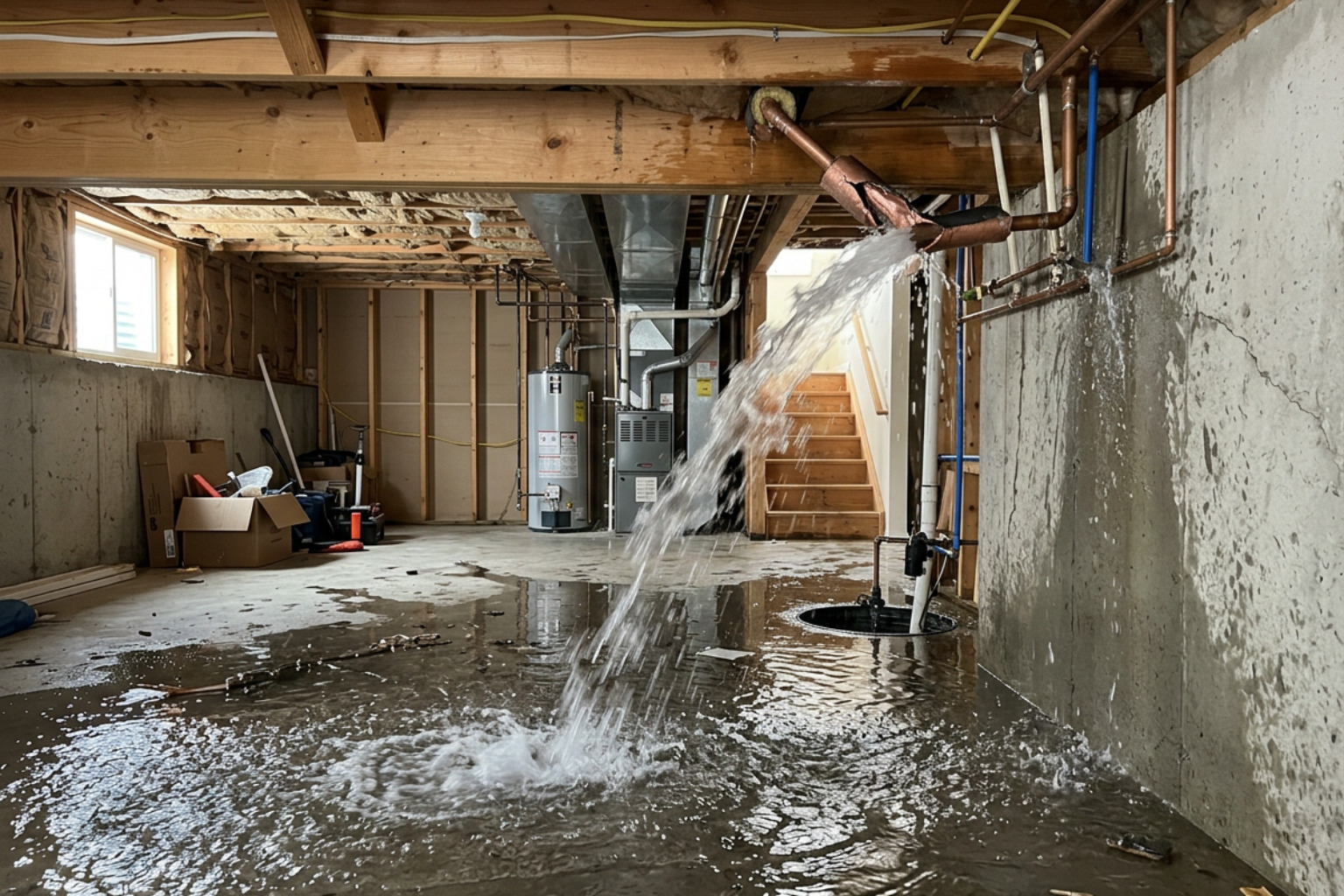Burst pipe in a basement causing active flooding and water damage - 24 hour plumber Norwood Burst pipe in a basement causing active flooding and water damage - 24 hour plumber Norwood