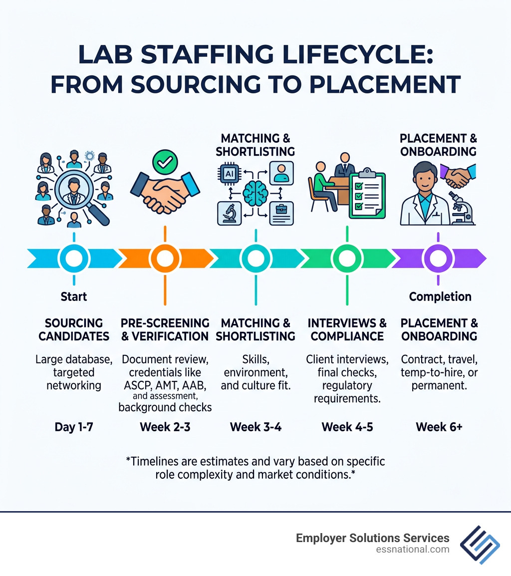 Lab staffing lifecycle from sourcing to placement showing key stages and timelines - medical laboratory technician