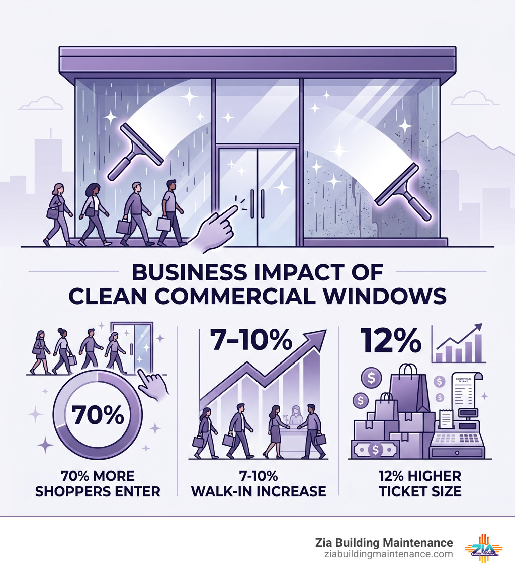 infographic showing business impact of clean commercial windows: 70% more shoppers enter, 7-10% walk-in increase, 12% higher infographic showing business impact of clean commercial windows: 70% more shoppers enter, 7-10% walk-in increase, 12% higher