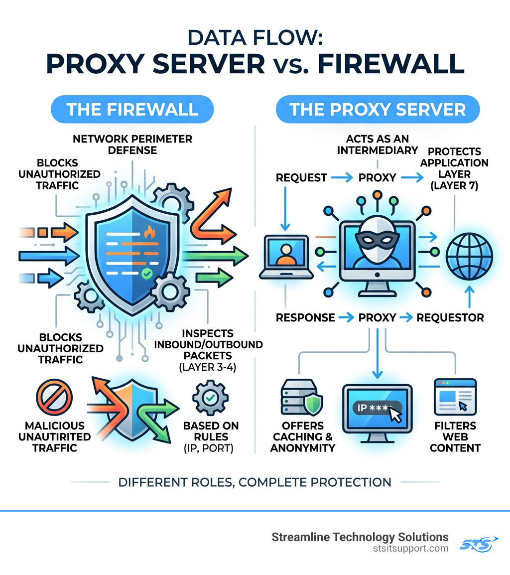 Infographic showing data flow through proxy server and firewall security layers side by side - proxy and the firewall Infographic showing data flow through proxy server and firewall security layers side by side - proxy and the firewall