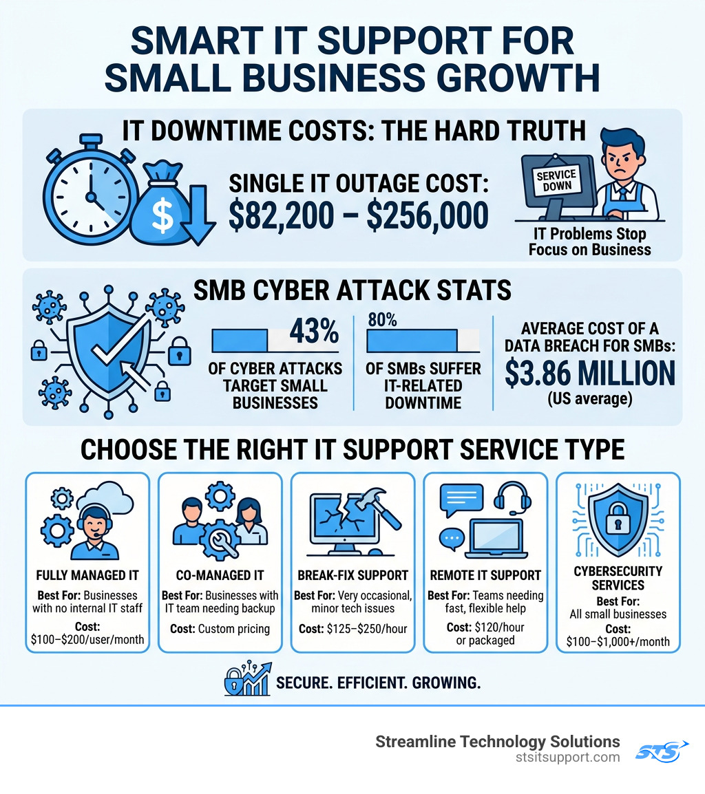 Infographic showing IT downtime costs, SMB cyber attack stats, and IT support service types for small businesses - it