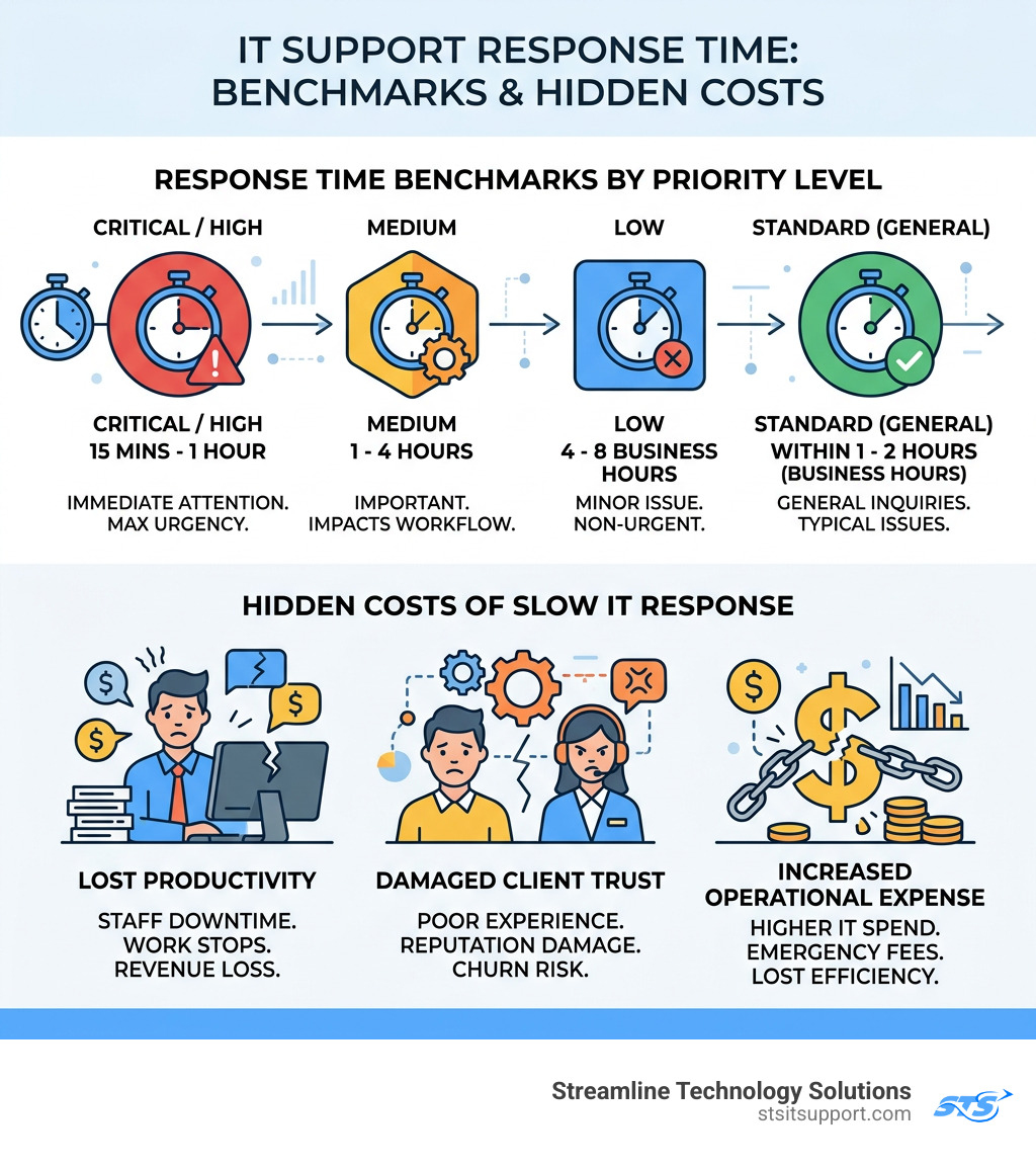 Infographic showing IT support response time benchmarks by priority level and hidden costs of slow response - it support Infographic showing IT support response time benchmarks by priority level and hidden costs of slow response - it support