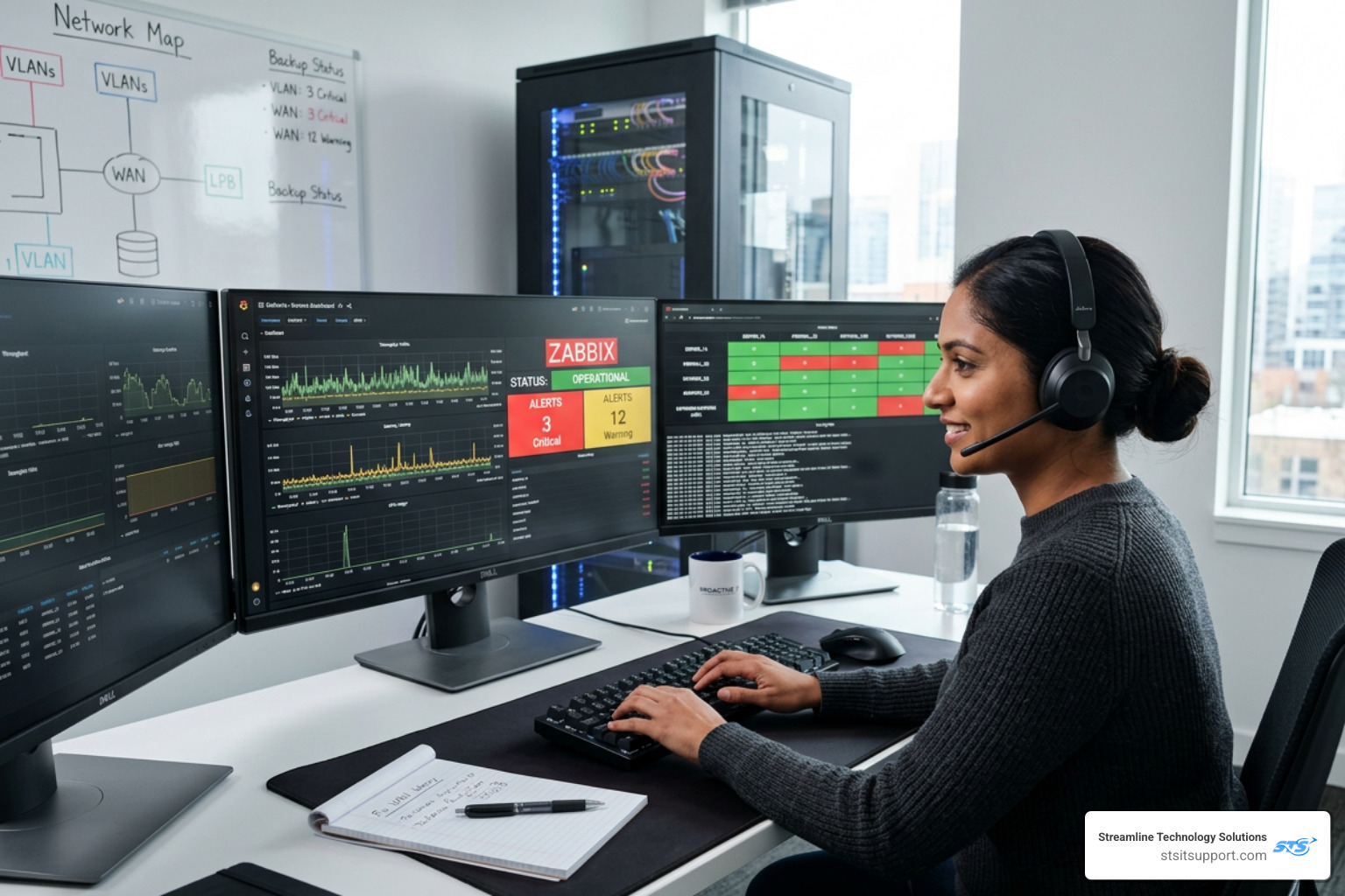 Remote technician monitoring a network dashboard for small business clients - affordable it support packages Remote technician monitoring a network dashboard for small business clients - affordable it support packages