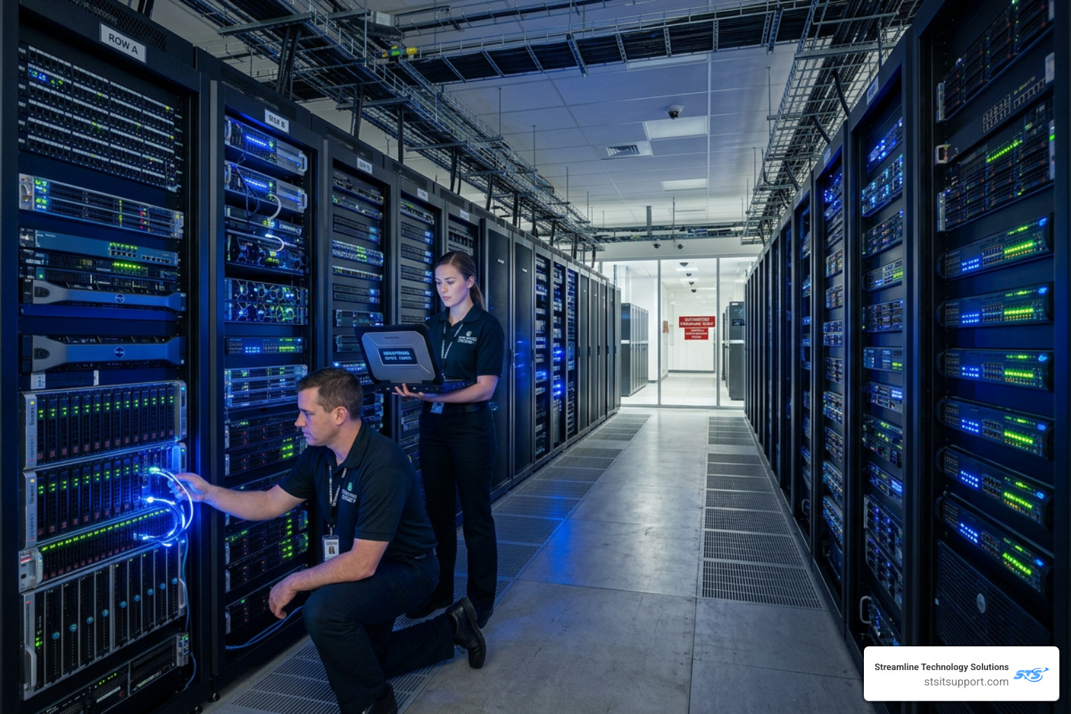 A secure server room with glowing blue lights representing proactive data management - it support services for small business