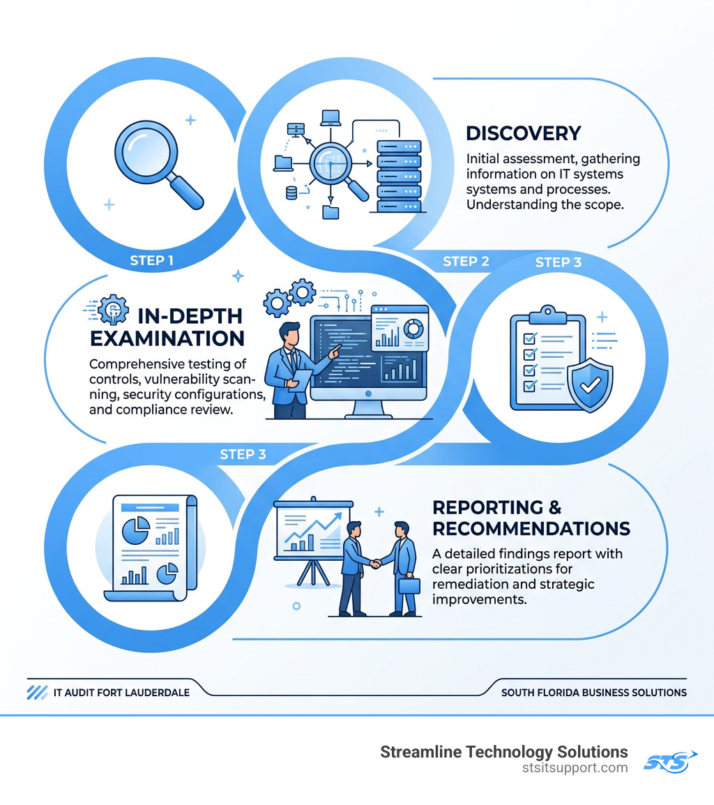 3-step IT audit process: Discovery, In-Depth Examination, Reporting and Recommendations - it audit fort lauderdale