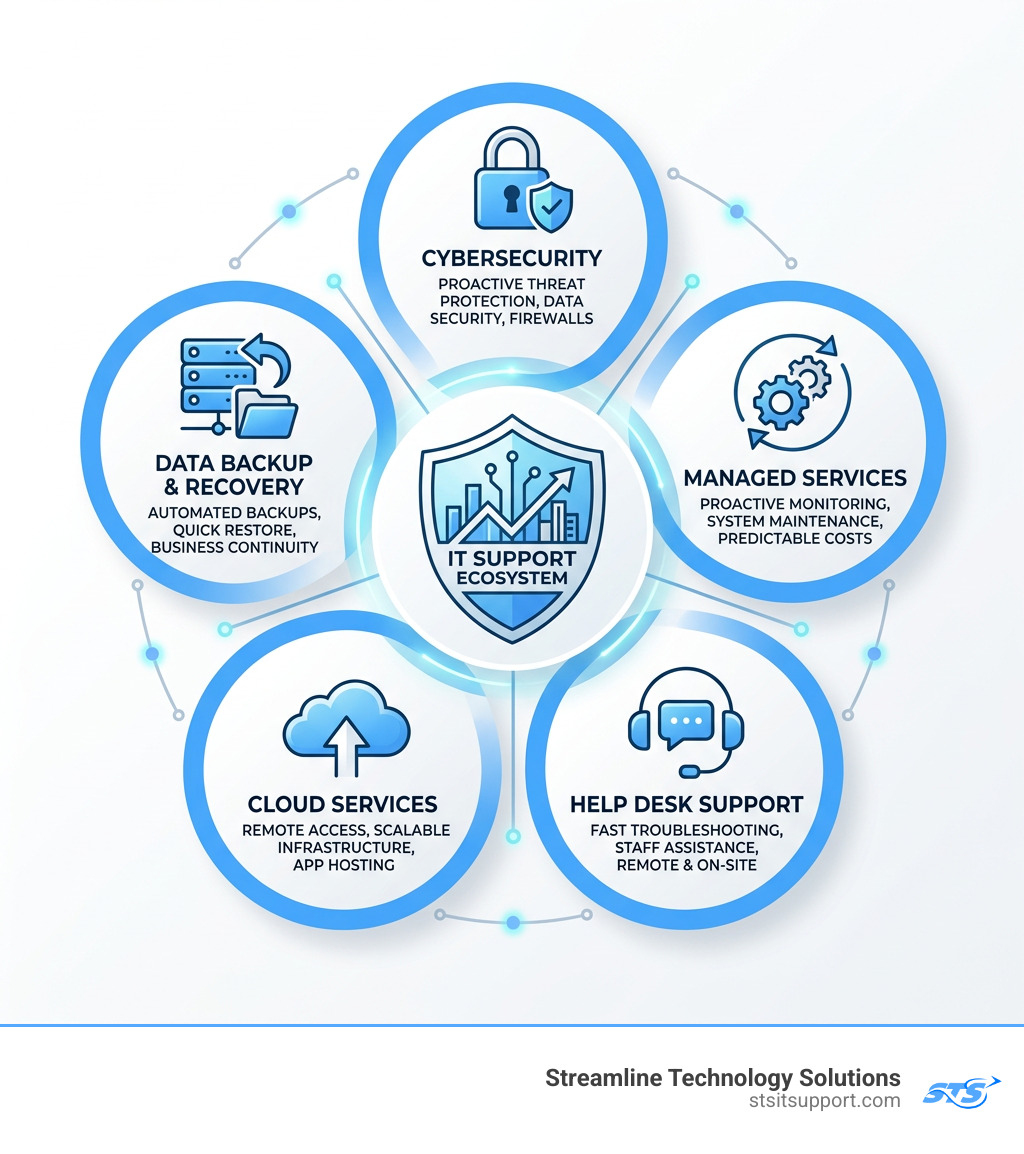Business IT support ecosystem infographic showing managed services, cybersecurity, cloud, help desk, and backup - it support