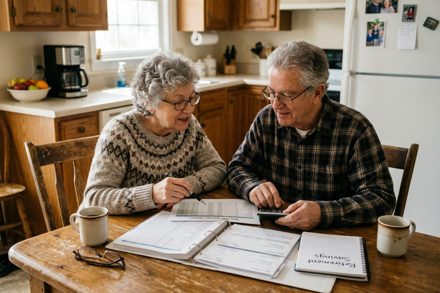 A senior couple sitting at a kitchen table carefully reviewing their monthly budget together - affordable rentals for seniors