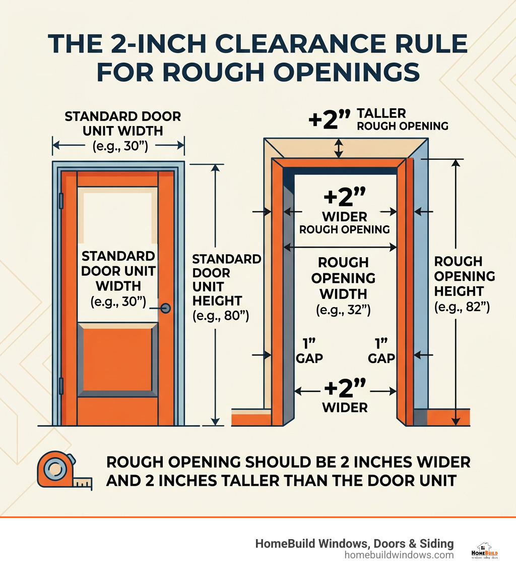 Infographic showing that rough openings should be 2 inches wider and taller than the door unit - how to install a door where