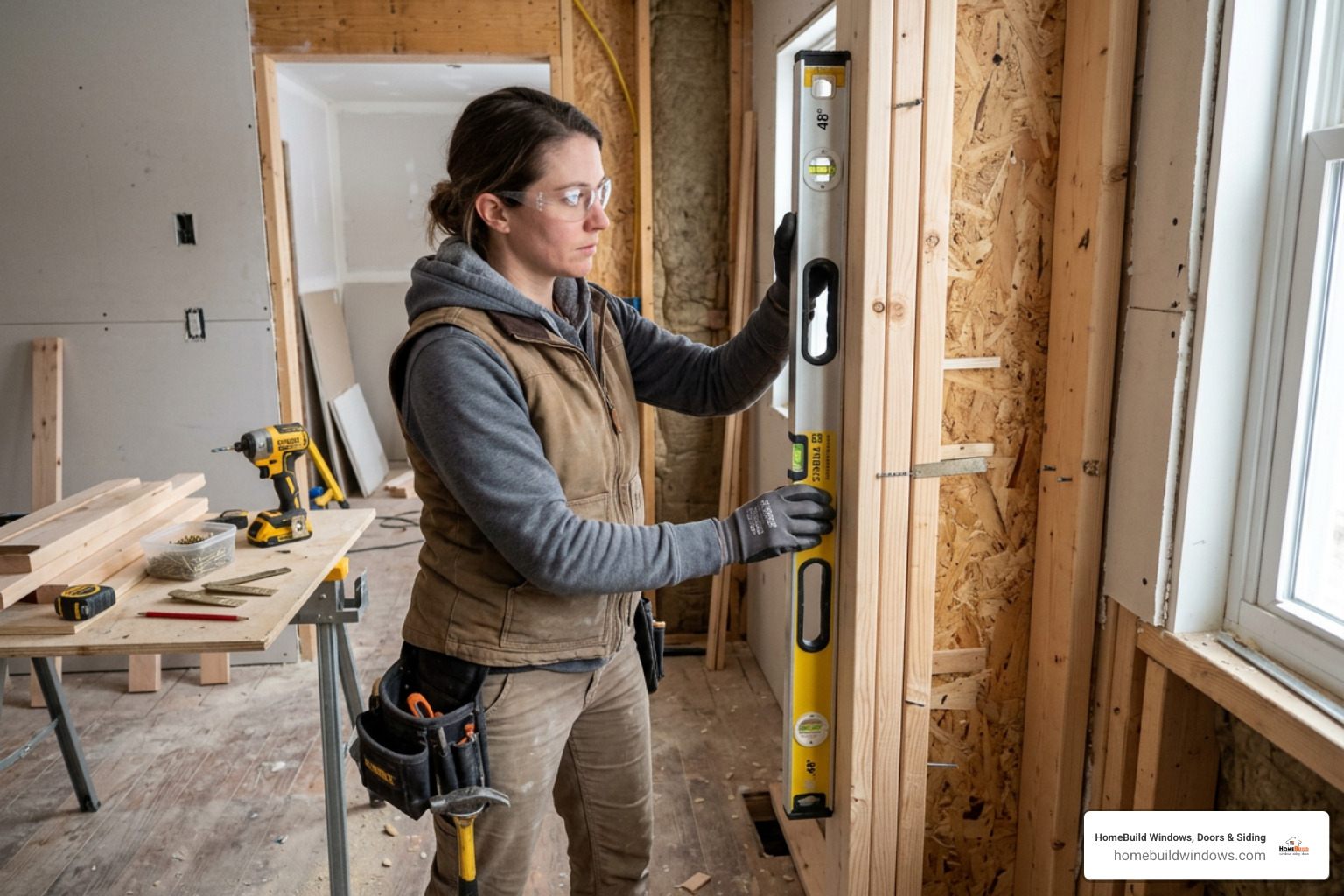 Using a level on a door jamb to ensure it is perfectly plumb before fastening - how to install a door where there is no door