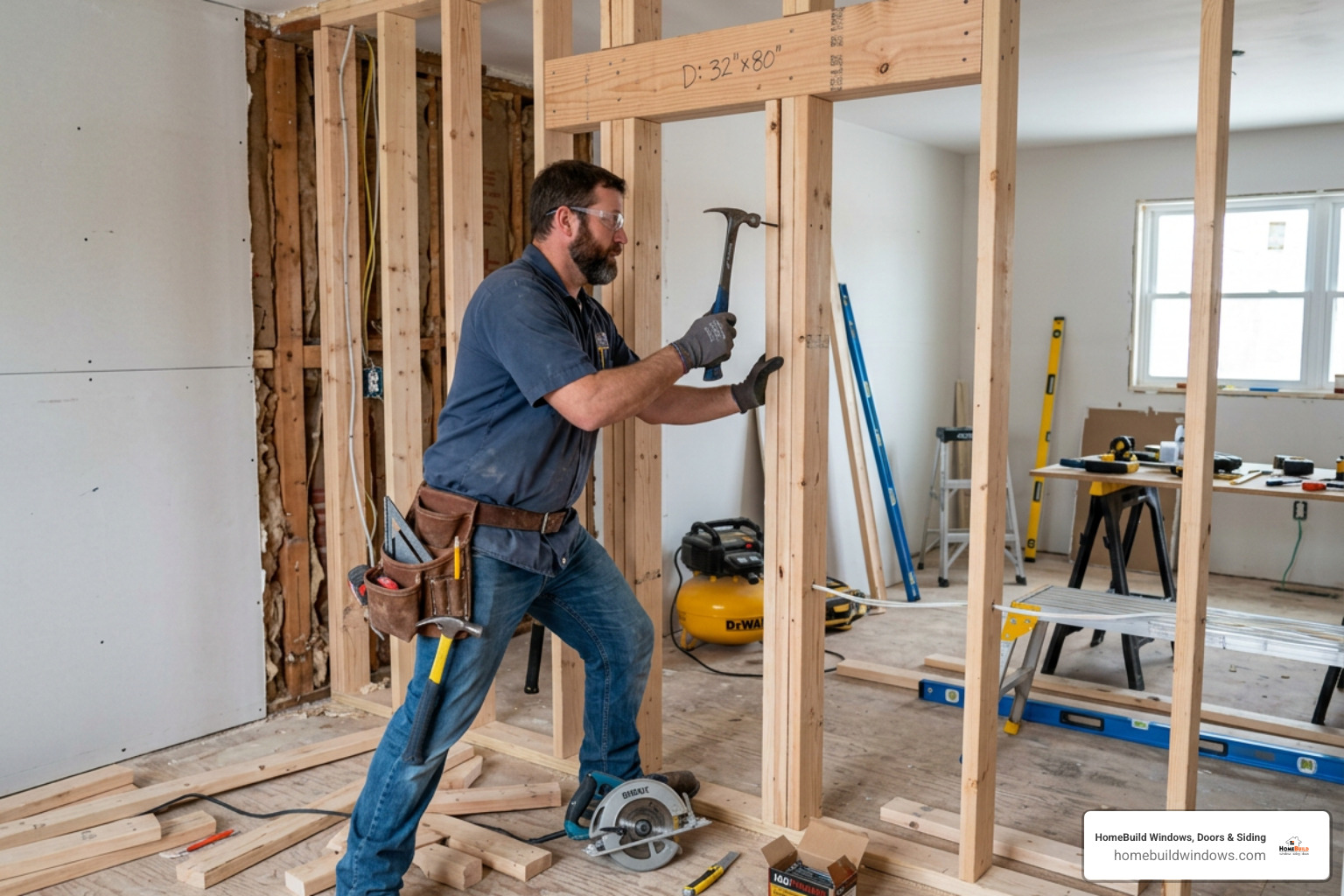 Contractor framing a new doorway with 2x4 lumber - how to install a door where there is no door