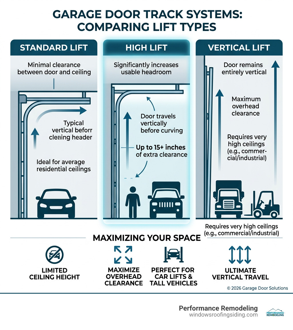 Infographic comparing standard lift vs high lift vs vertical lift garage door track systems - high lift garage doors