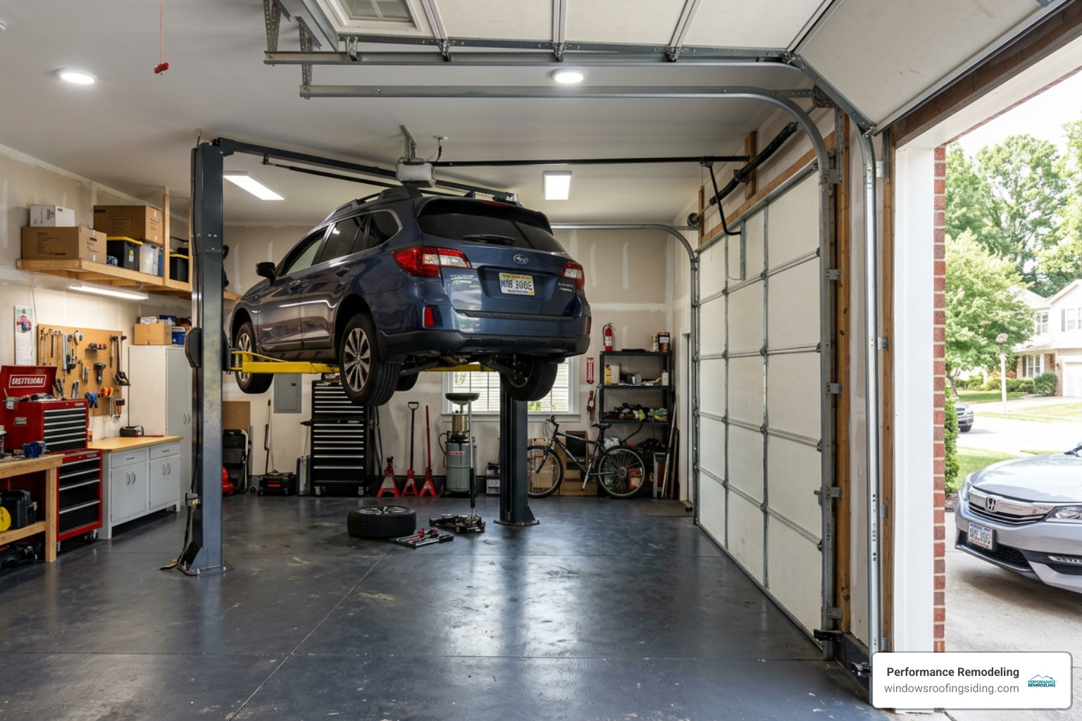Residential garage featuring a car lift and high lift garage door tracks - high lift garage doors