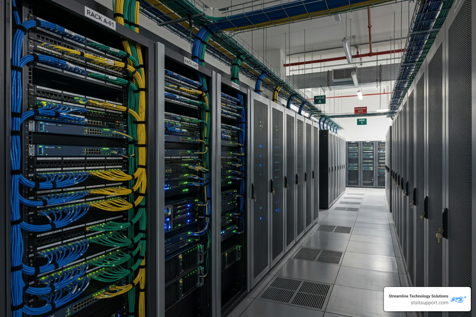 network server room with organized cabling and glowing lights - it support for businesses