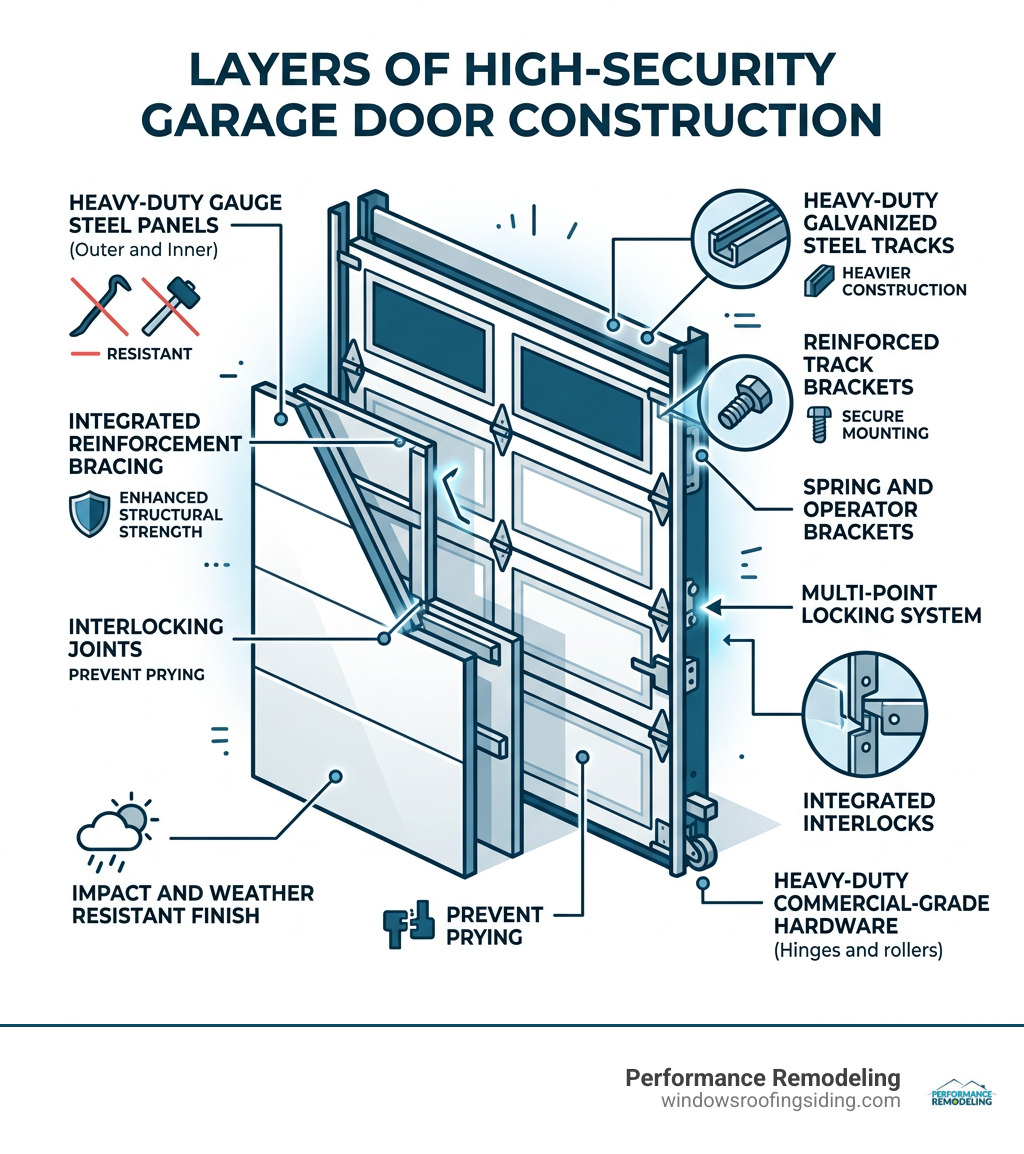 Layers of high-security garage door construction showing panels, locks, tracks, and reinforcement - high security garage