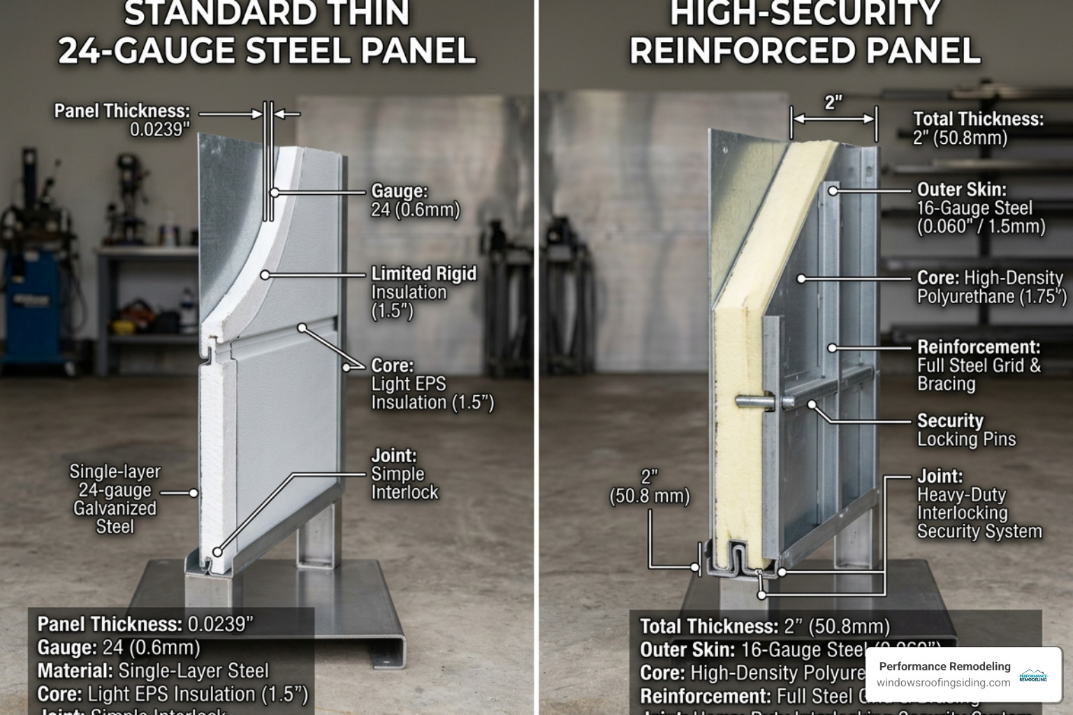 Comparing standard steel panels vs high-security reinforced panels showing thickness and internal bracing - high security
