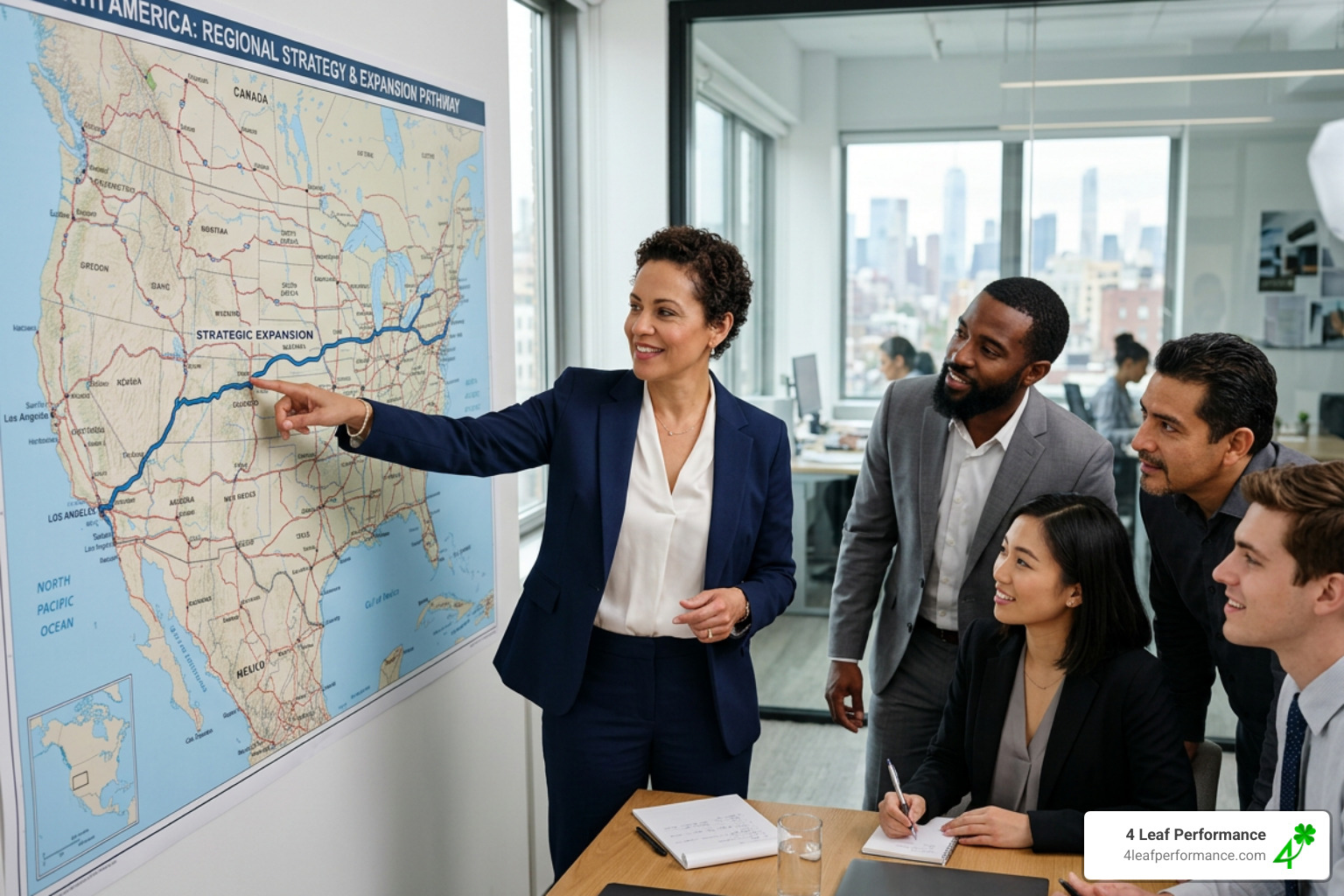 a leader pointing to a clear path on a map for a team - Leadership coaching framework