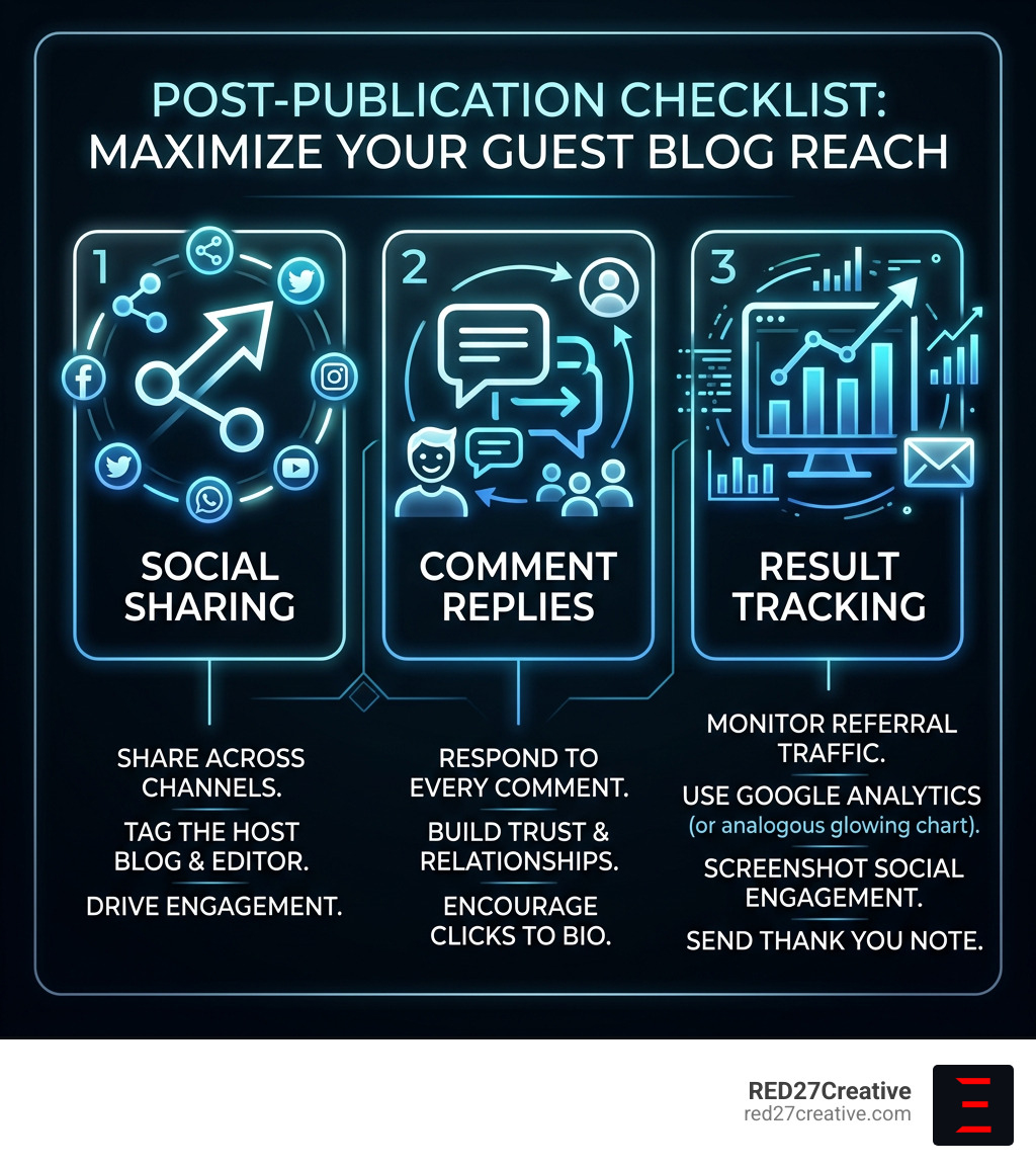 Infographic showing post-publication checklist: social sharing, comment replies, and result tracking - guest blog writing Infographic showing post-publication checklist: social sharing, comment replies, and result tracking - guest blog writing
