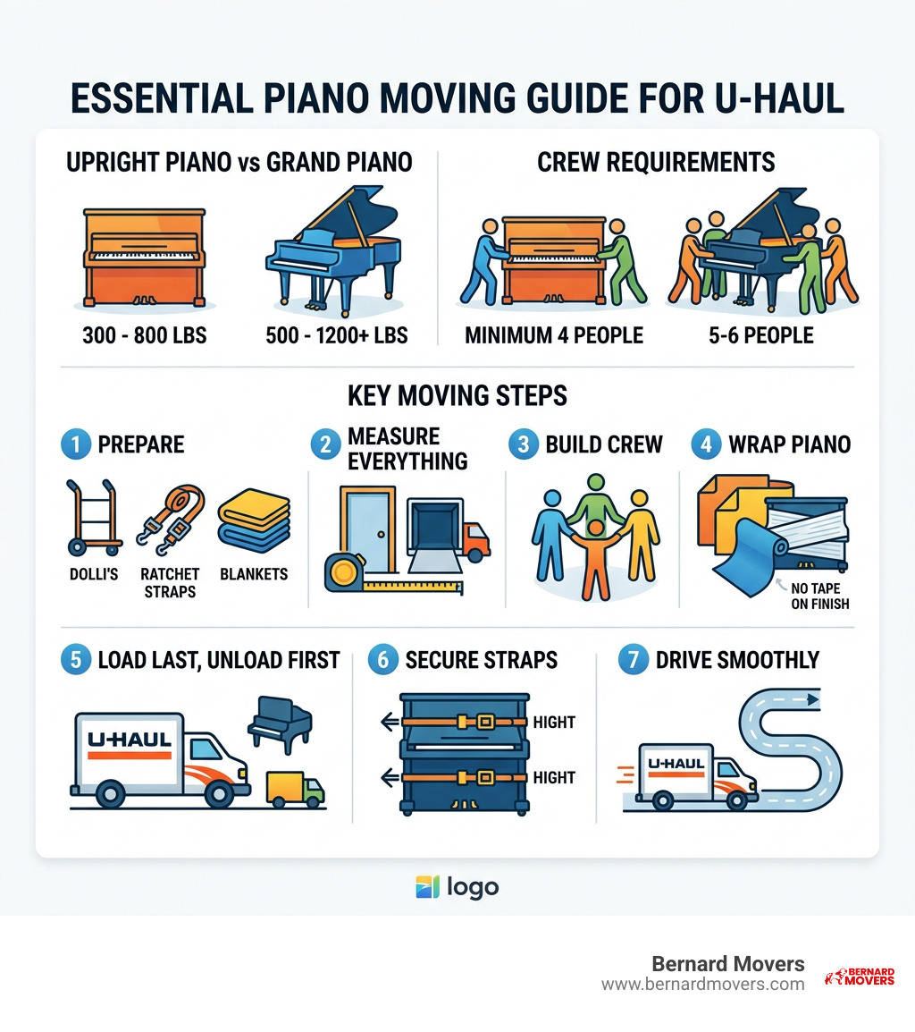 Infographic showing upright vs grand piano weights, crew requirements, and key moving steps - how to move a piano in a