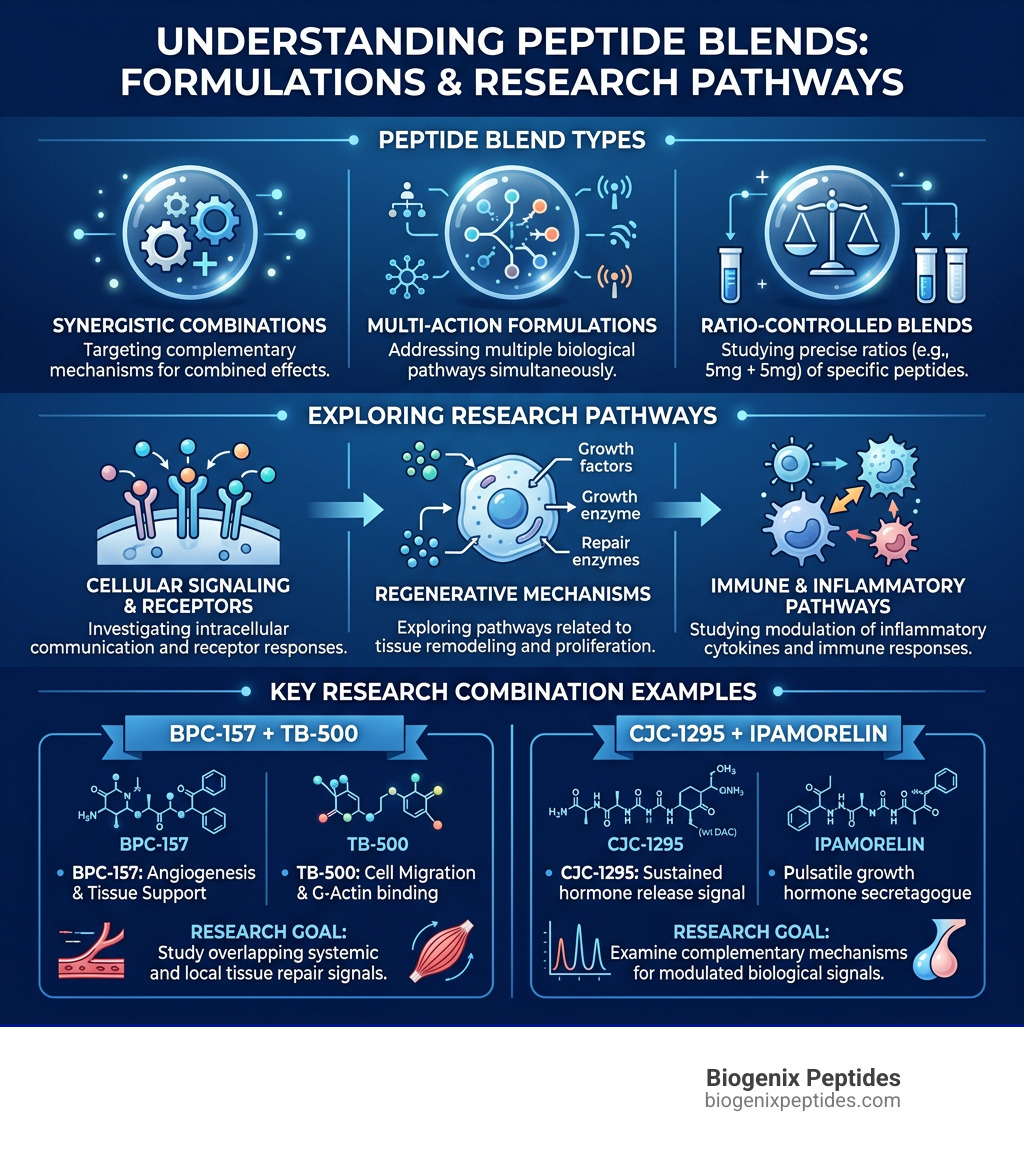 Infographic showing peptide blend types, research pathways, and key combinations like BPC-157+TB-500 - peptide blends