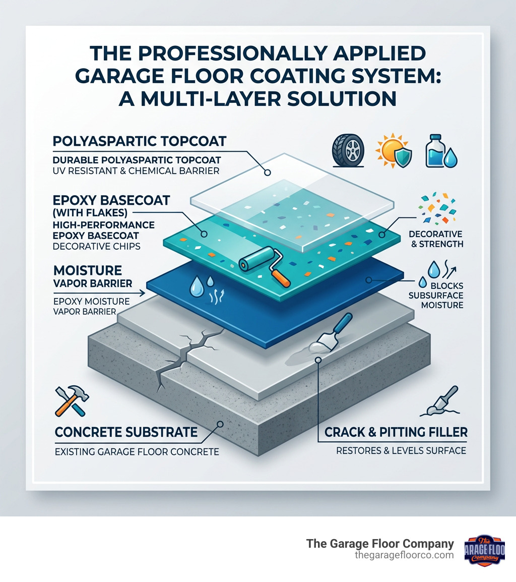 layers of a professional garage floor coating system including filler, moisture vapor barrier, epoxy basecoat, and layers of a professional garage floor coating system including filler, moisture vapor barrier, epoxy basecoat, and