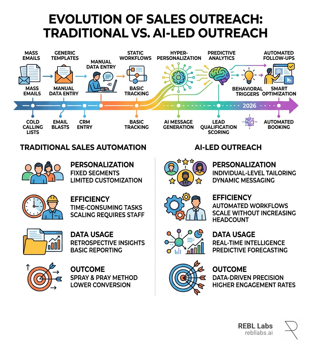 Evolution from traditional sales automation to AI-led outreach with key milestones and capability comparison - AI automated