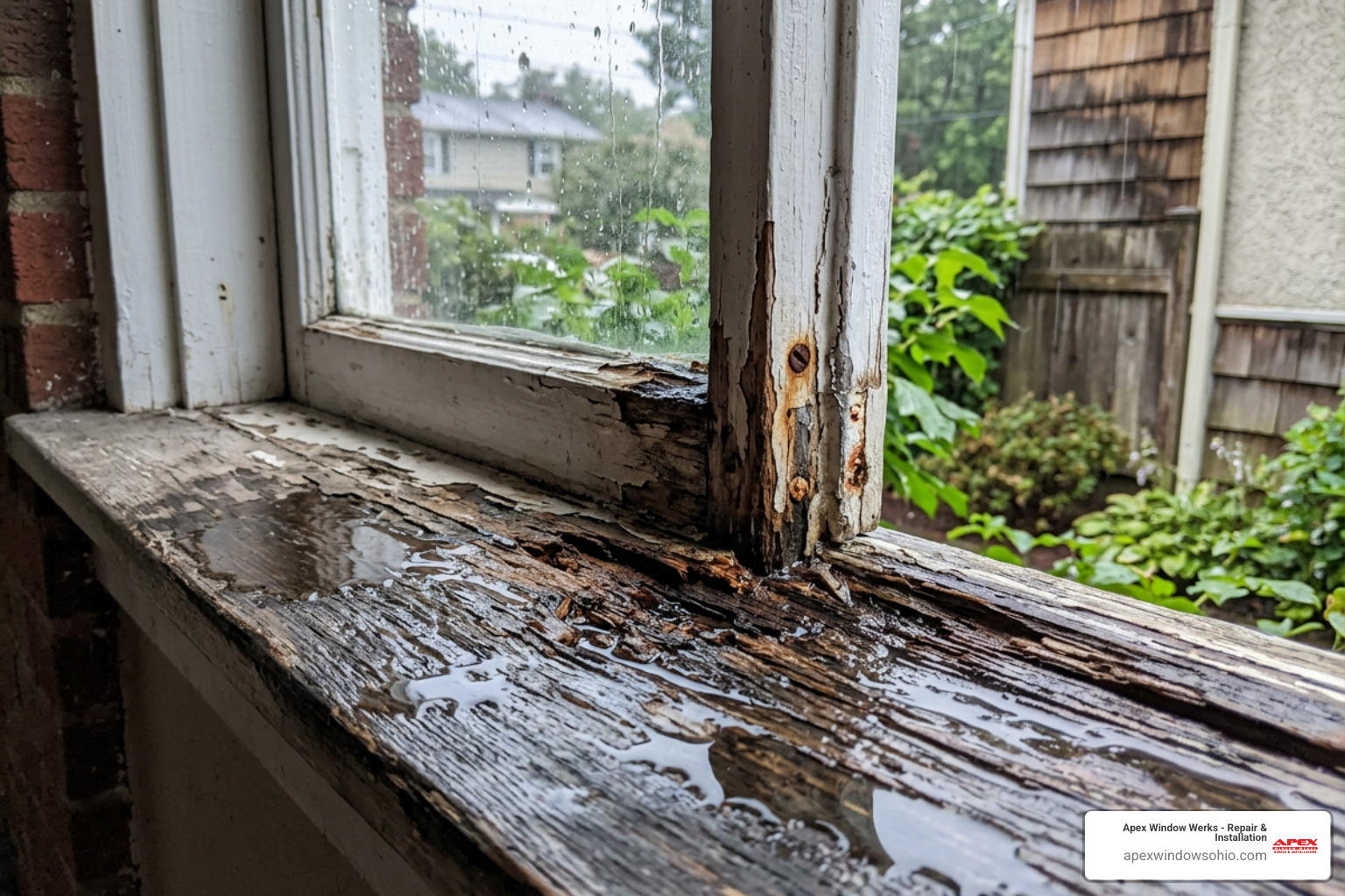 Water pooling on a flat window sill leading to wood rot - rotted window trim