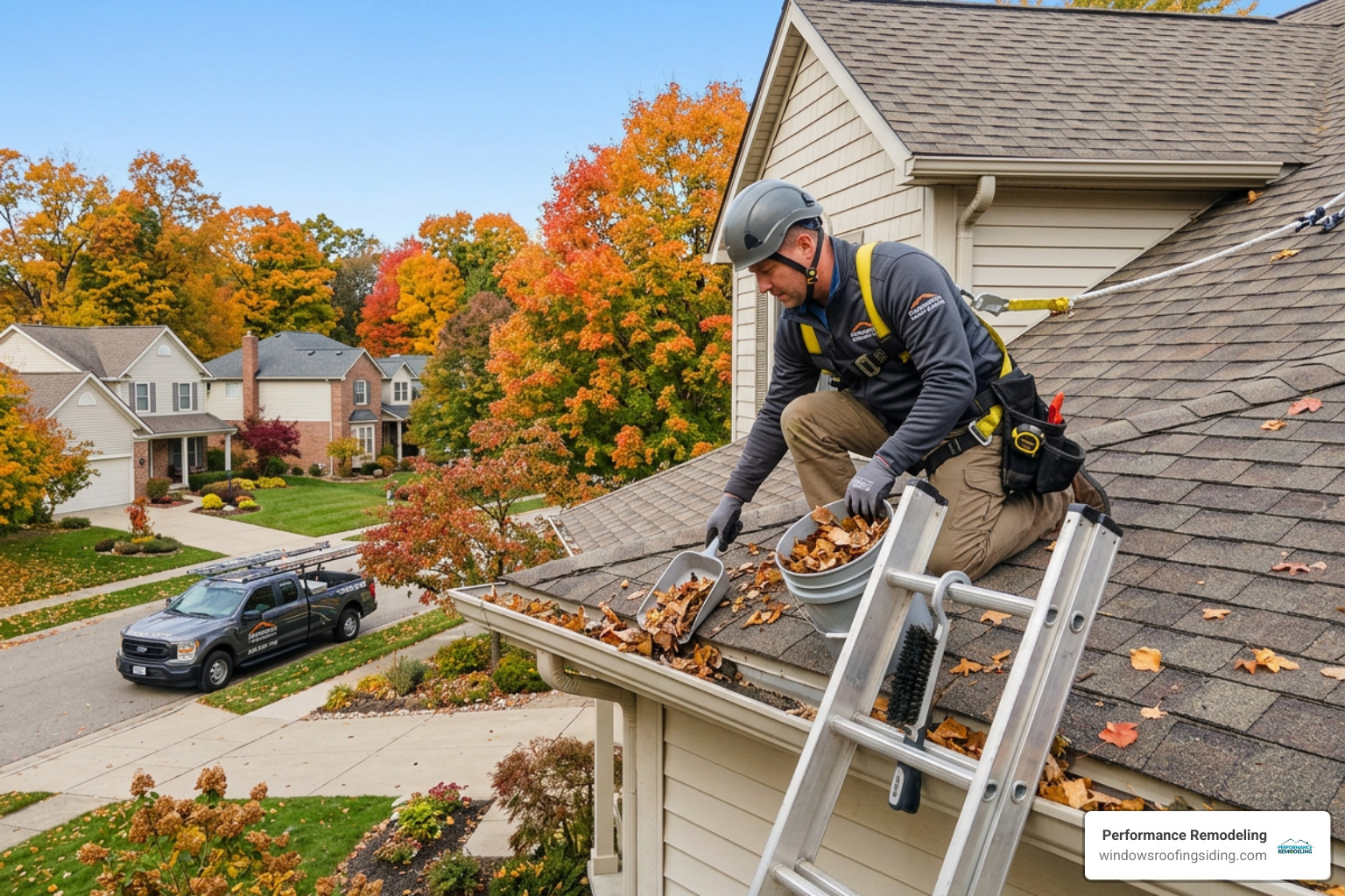 A professional technician clearing roof debris and performing a seasonal maintenance check in Farmington MI - roof