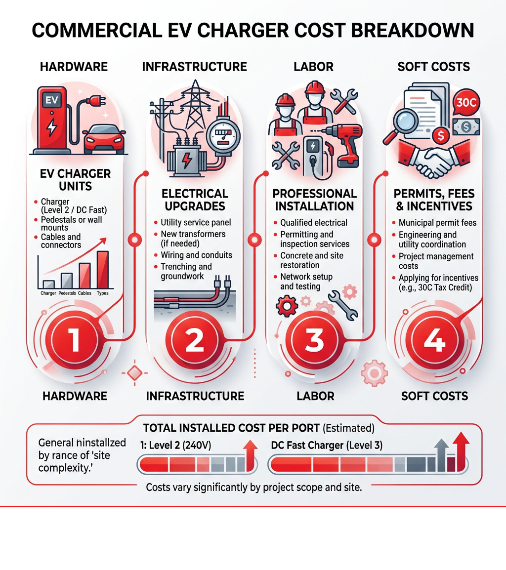 Commercial EV charger cost breakdown: hardware, labor, infrastructure, soft costs infographic - commercial electric car Commercial EV charger cost breakdown: hardware, labor, infrastructure, soft costs infographic - commercial electric car