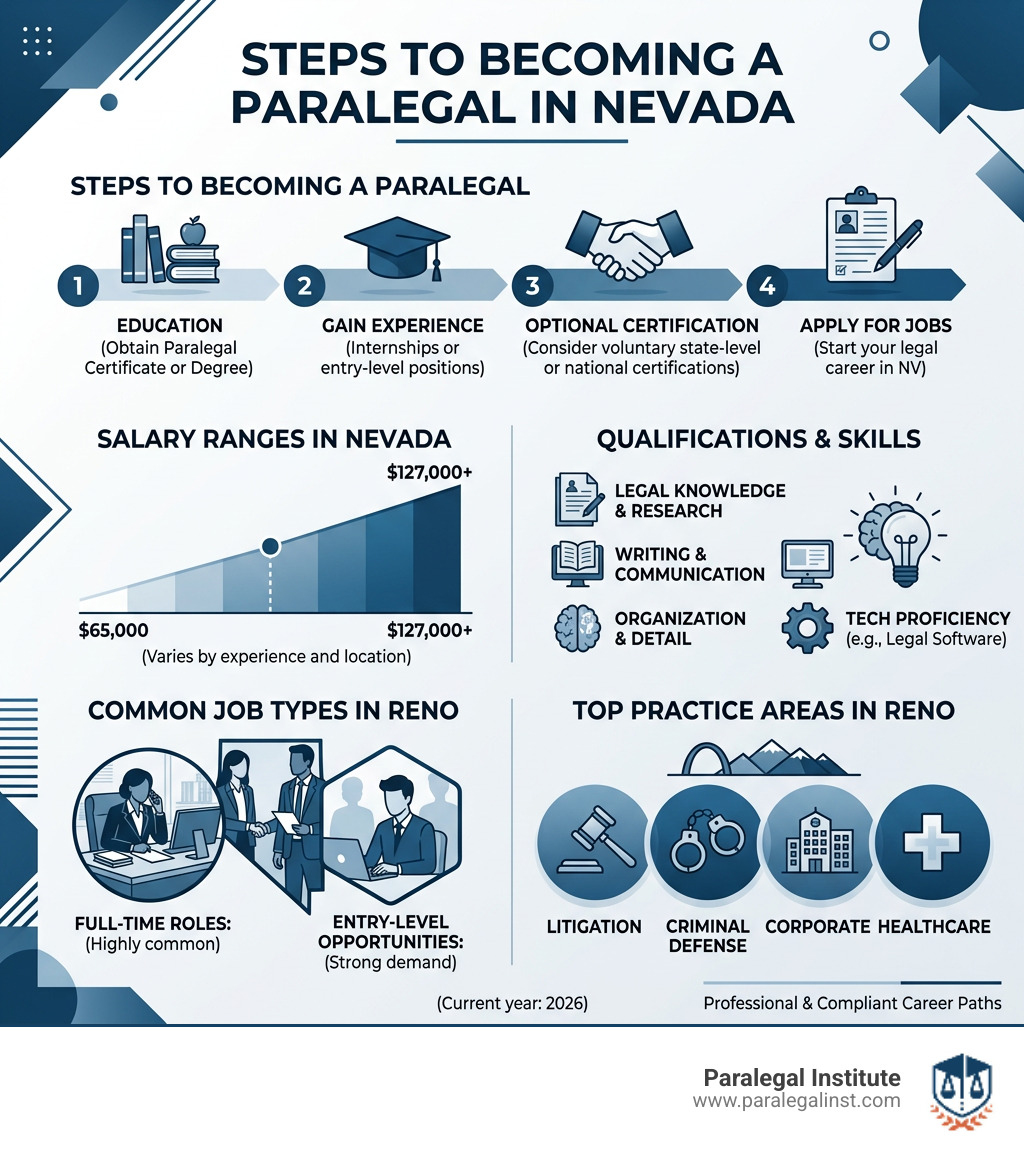 Steps to becoming a paralegal in Nevada - salary ranges, qualifications, job types, and top practice areas - reno nevada