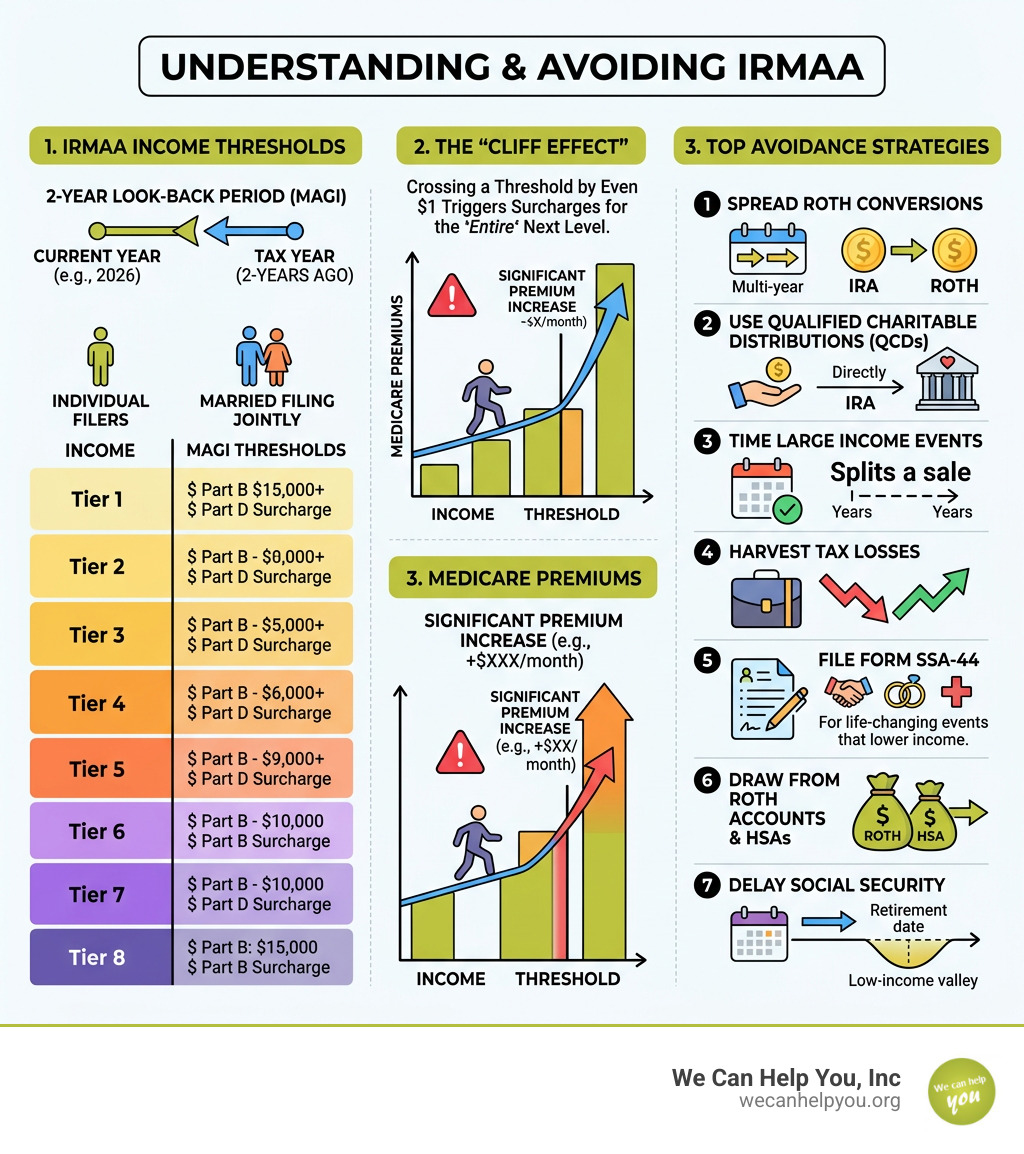 Infographic showing IRMAA income thresholds, cliff effect, and top avoidance strategies - how to avoid irmaa infographic 