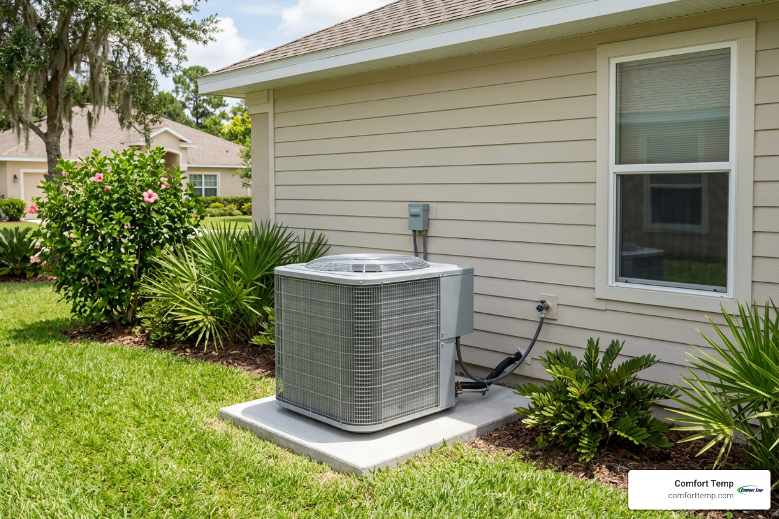 Modern high-efficiency central air conditioning unit installed outside a home - finance central heat and air Modern high-efficiency central air conditioning unit installed outside a home - finance central heat and air