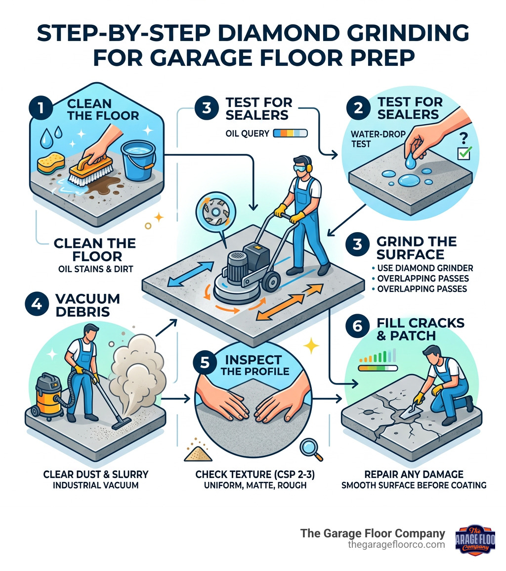 Step-by-step diamond grinding process infographic for garage floor preparation - diamond grinding garage floor infographic Step-by-step diamond grinding process infographic for garage floor preparation - diamond grinding garage floor infographic